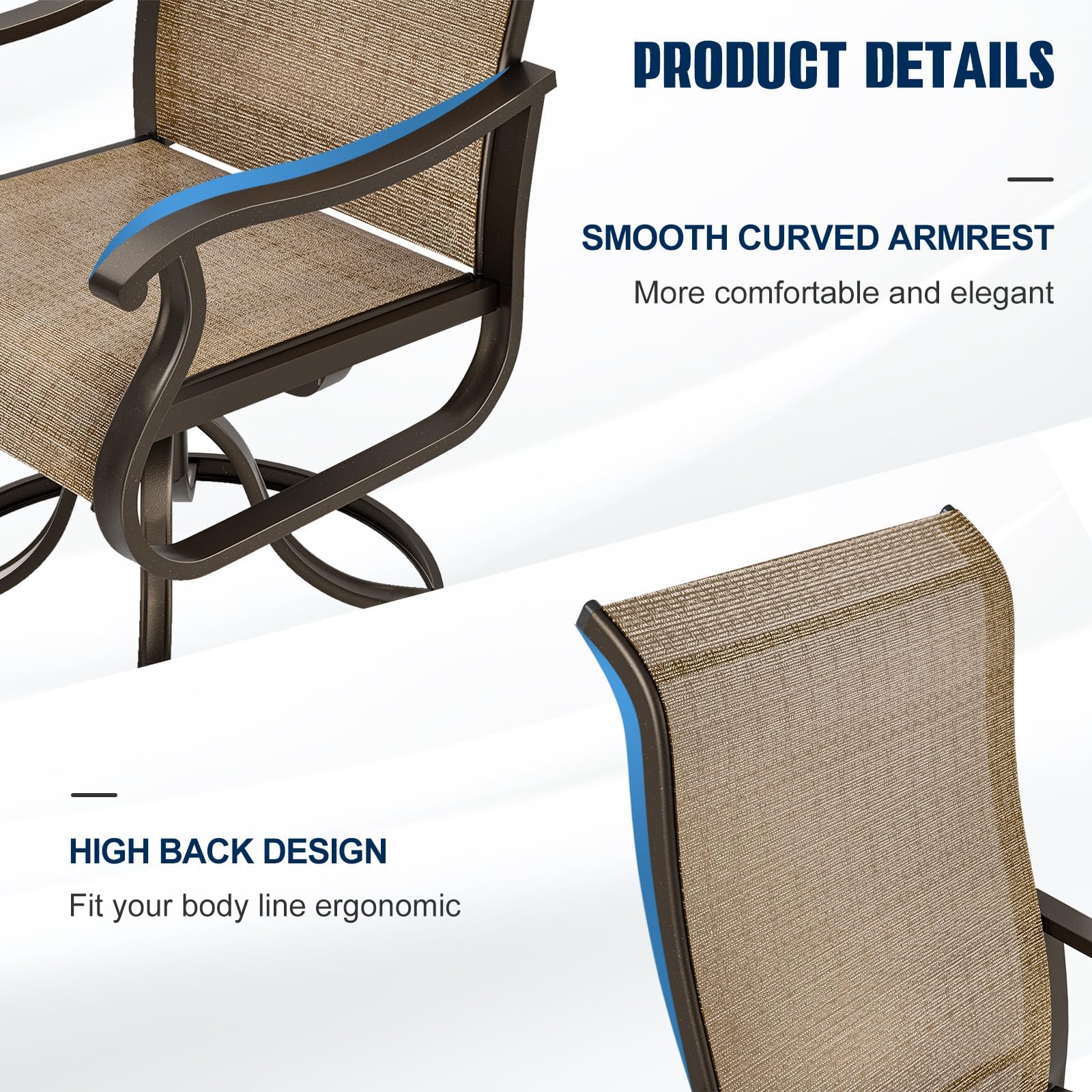 2 Pack UDPATIO Patio Swivel Dining Chairs - High Back Outdoor Chairs with All-Weather Breathable Textilene & Metal Rocking Frame - Perfect for Garden, Lawn, Deck, and Poolside Relaxation (Brown)