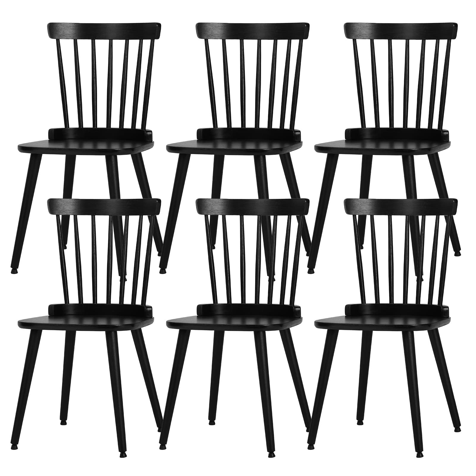 6-Piece Windsor Dining Chair Set - Solid Wood Farmhouse Spindle Back Side Chairs, Mid-Century Modern Black Armless Kitchen Chairs for Dining Room, Living Room & Restaurant Decor - Perfect for Farmhouse, Cottage & Vintage Style Homes