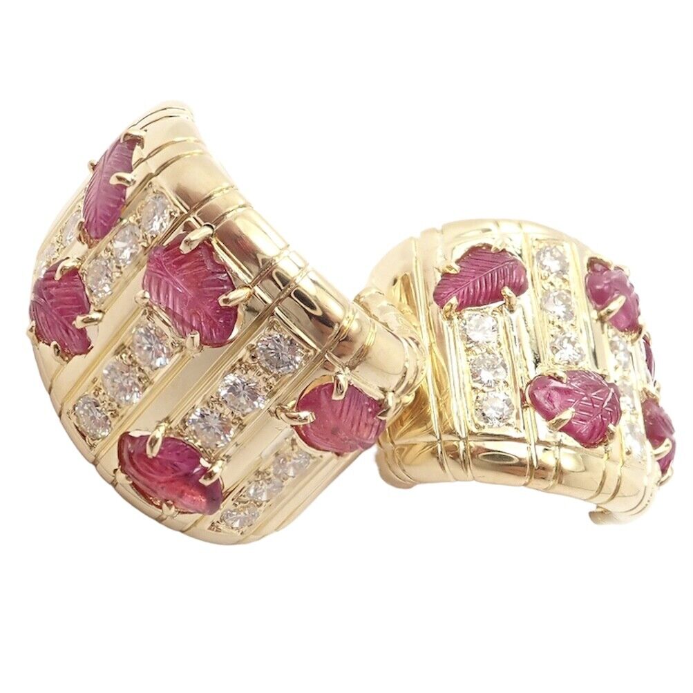 Vintage Andrew Clunn 18K Yellow Gold Diamond Carved Leaf Ruby Earrings - Elegant Antique Jewelry for Weddings, Parties & Special Occasions