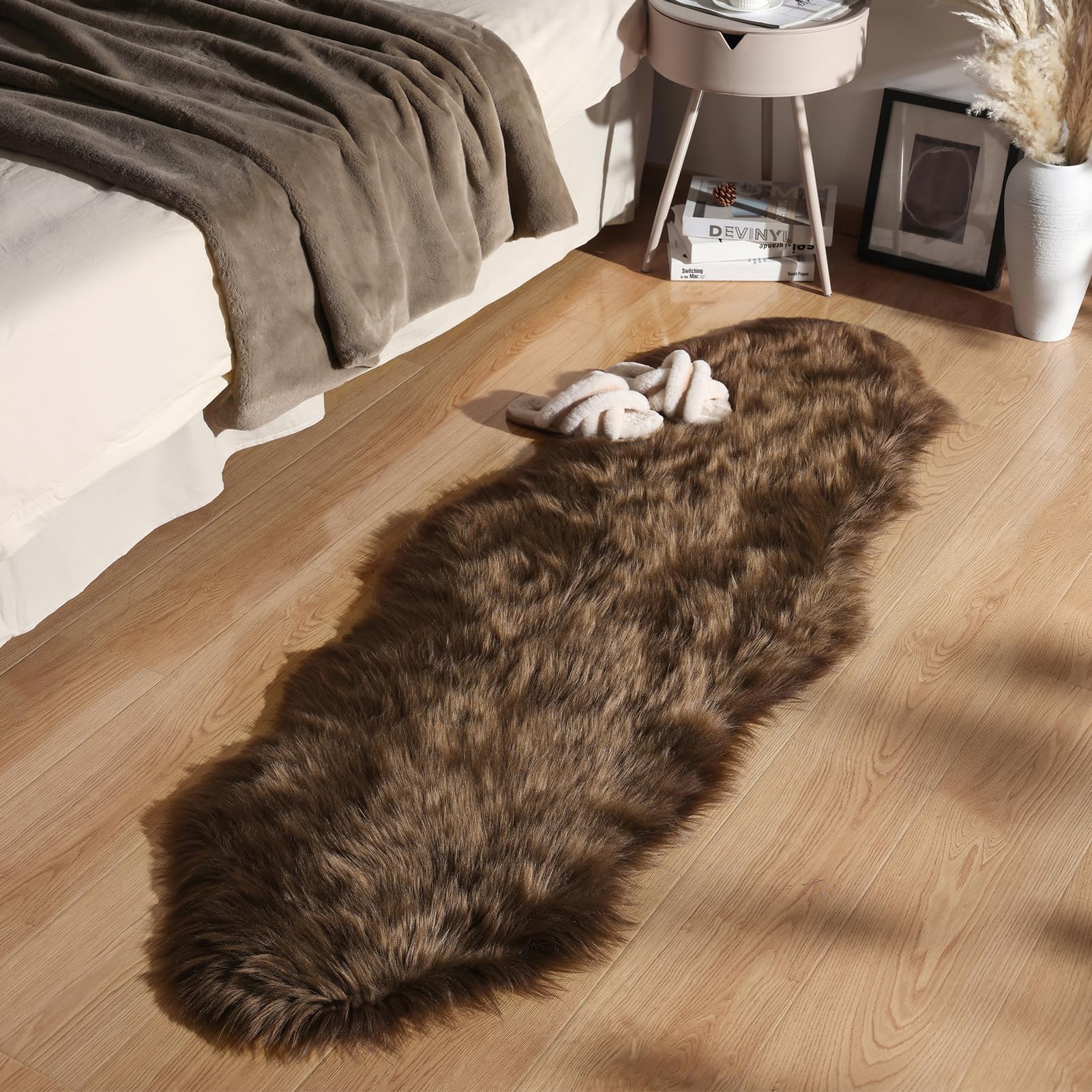 Premium Fluffy Faux Fur Rug - Ultra Soft 2x6 Feet Shaggy Area Rug | Machine Washable Dark Coffee Sheepskin Rug for Cozy Bedroom, Nursery, Kids Room & Living Room Decor | Perfect for Winter Warmth, Home Theater Seating & Pet-Friendly Flooring