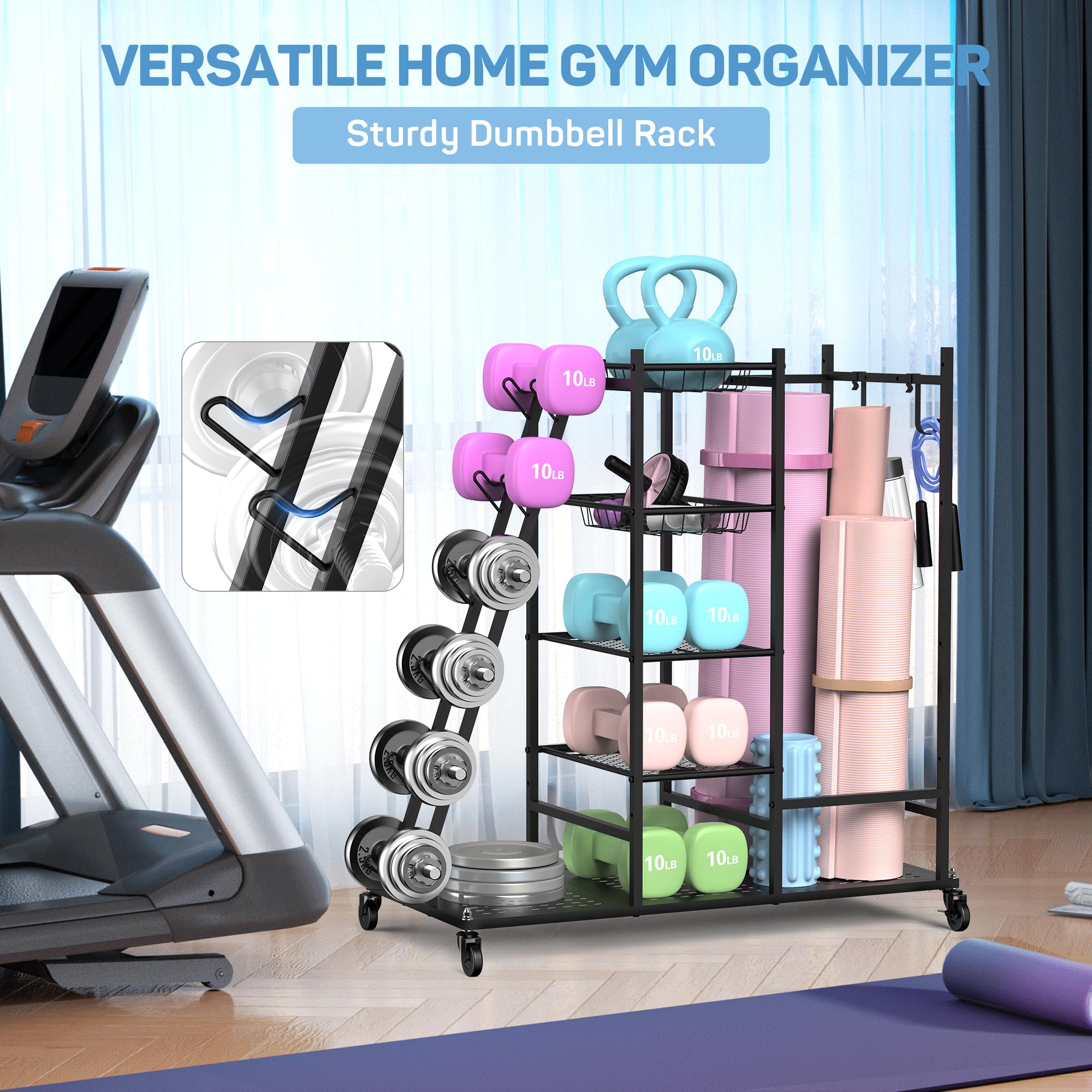 PLKOW Heavy Duty Dumbbell Weight Rack - Home Gym Storage Organizer for Dumbbells, Kettlebells & Yoga Mats - Space Saving Garage Gym Equipment for Strength Training & Yoga Workouts