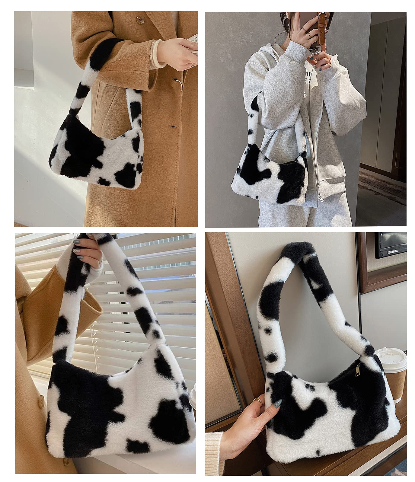 Women's Fluffy Faux Fur Cow Print Shoulder Bag - Fashionable Clutch Purse & Underarm Handbag with Zipper - Stylish Satchel & Tote for Parties, Date Night, and Everyday Use