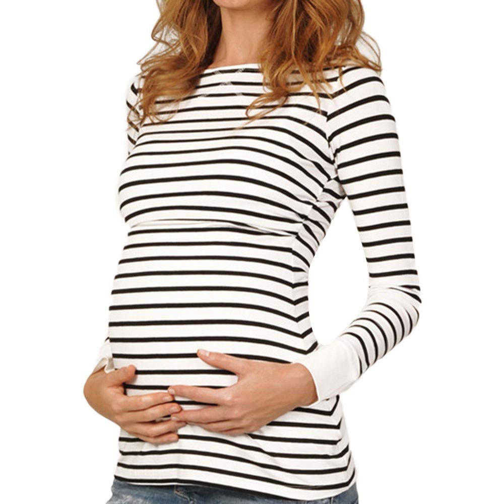 Comfortable Maternity Sleepwear & Nursing Tops - Long Sleeve Striped Blouse for Pregnant Women | Perfect for Pregnancy, Breastfeeding & Relaxing at Home