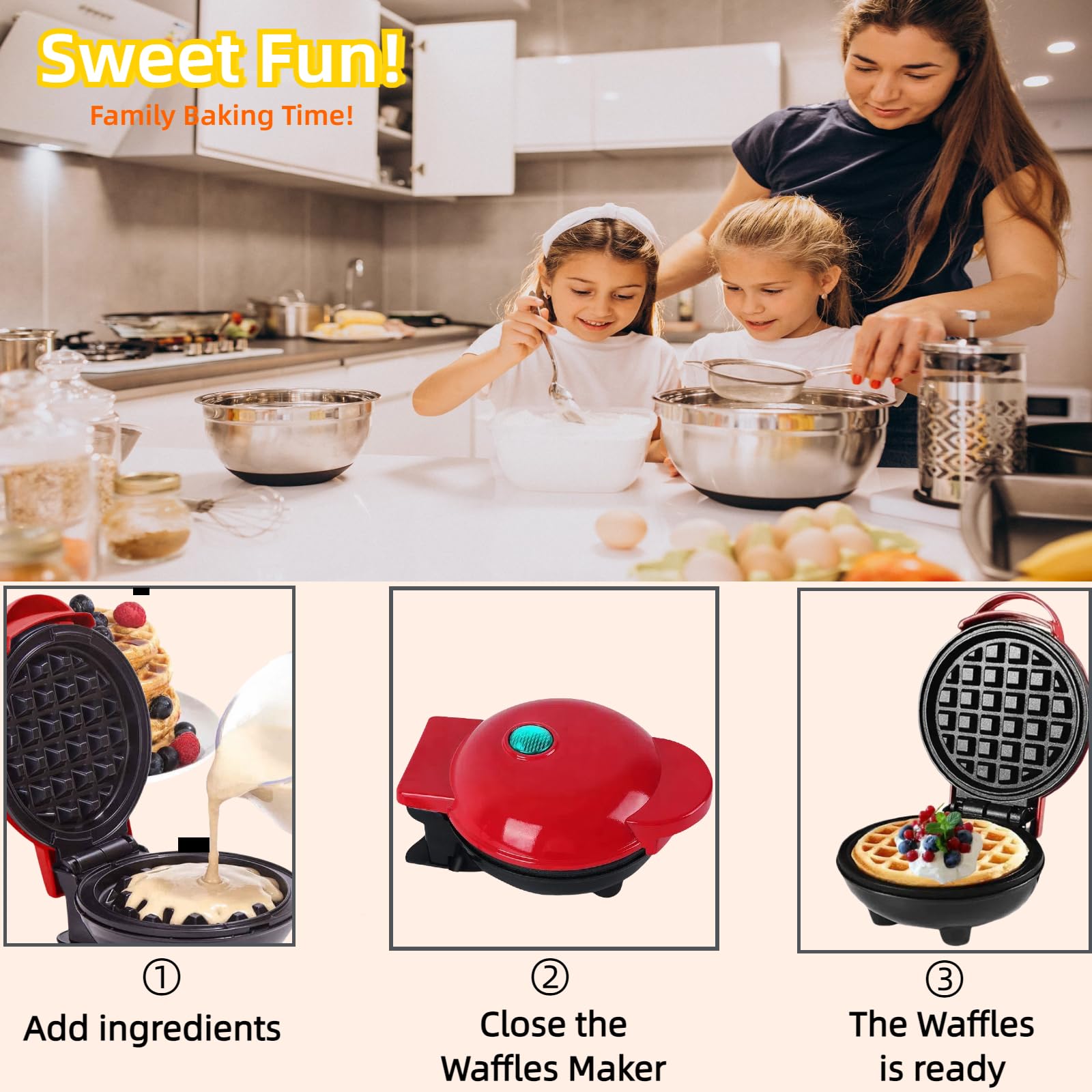 3-in-1 Mini Waffle Maker with Removable Plates for Waffles, Donuts & Pancakes - Nonstick Electric Breakfast Cooker - Easy to Clean - Perfect Holiday Gift (Red) - Ideal for Home Kitchen, Dorm Room & Small Space Cooking