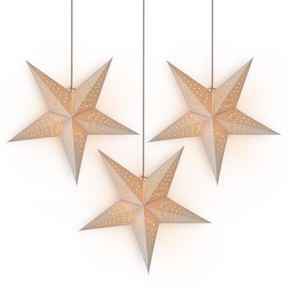 3 Pack 24 Inch White Thousand Stars Paper Star Lanterns with LED Bulbs & Lamp Cord - Perfect for Bedroom, Wedding, Party & Outdoor Decor