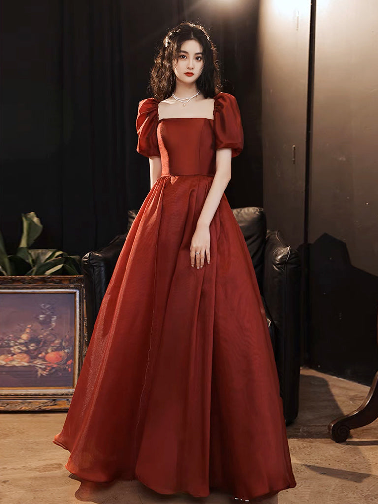 Elegant A-Line Puff Sleeves Organza Burgundy Long Prom Dress & Evening Gown for Homecoming, Wedding, Party - Formal Occasions & Special Events