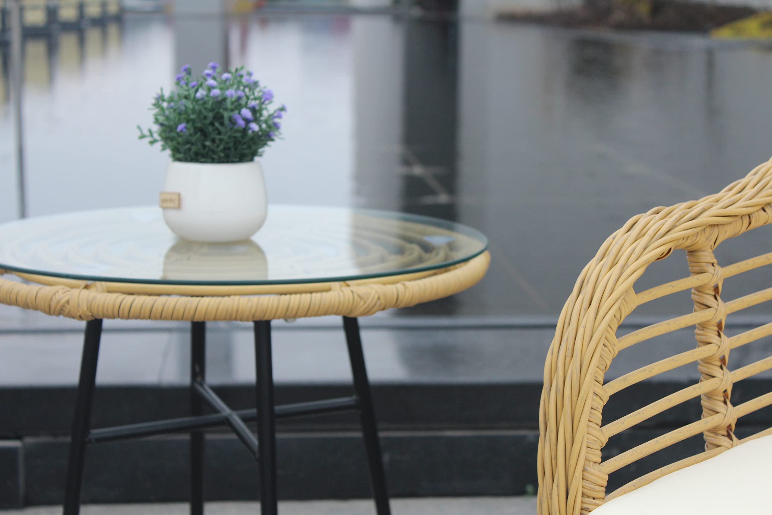 3-Piece Outdoor Bistro Set - Natural Yellow Wicker Chairs with Beige Cushions & Tempered Glass Table - Patio Furniture for Balcony, Garden, or Backyard - Perfect for Coffee, Dining, and Relaxing Outdoors