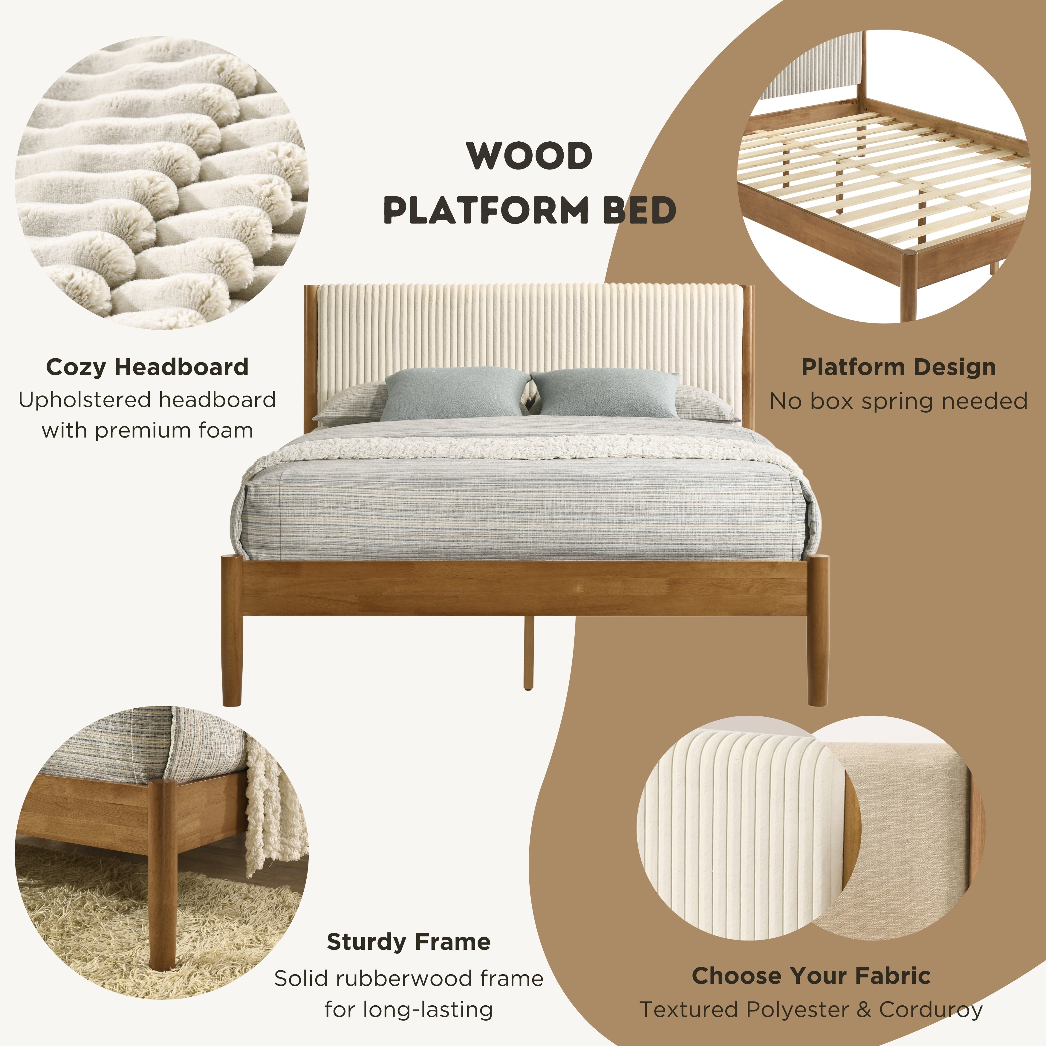 Roundhill Furniture Vichy Rattan Bedroom Set - Queen Size Light Walnut Finish Wicker Bed Frame & Nightstands - Perfect for Coastal, Boho & Farmhouse Style Bedrooms