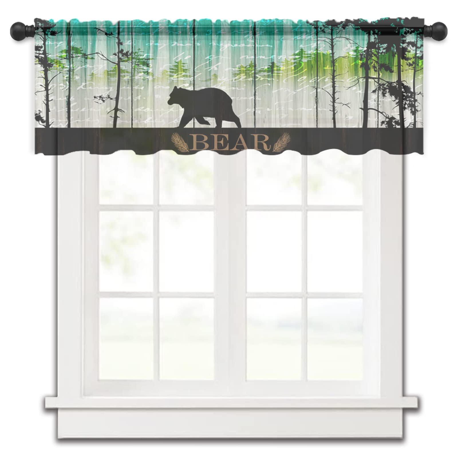 OUR DREAMS Semi-Sheer Valance Curtains - Retro Bear Forest Black Silhouette Window Treatment Panel (54 x 18 Inches, Green Teal) for Living Room, Bedroom & Nursery Decor