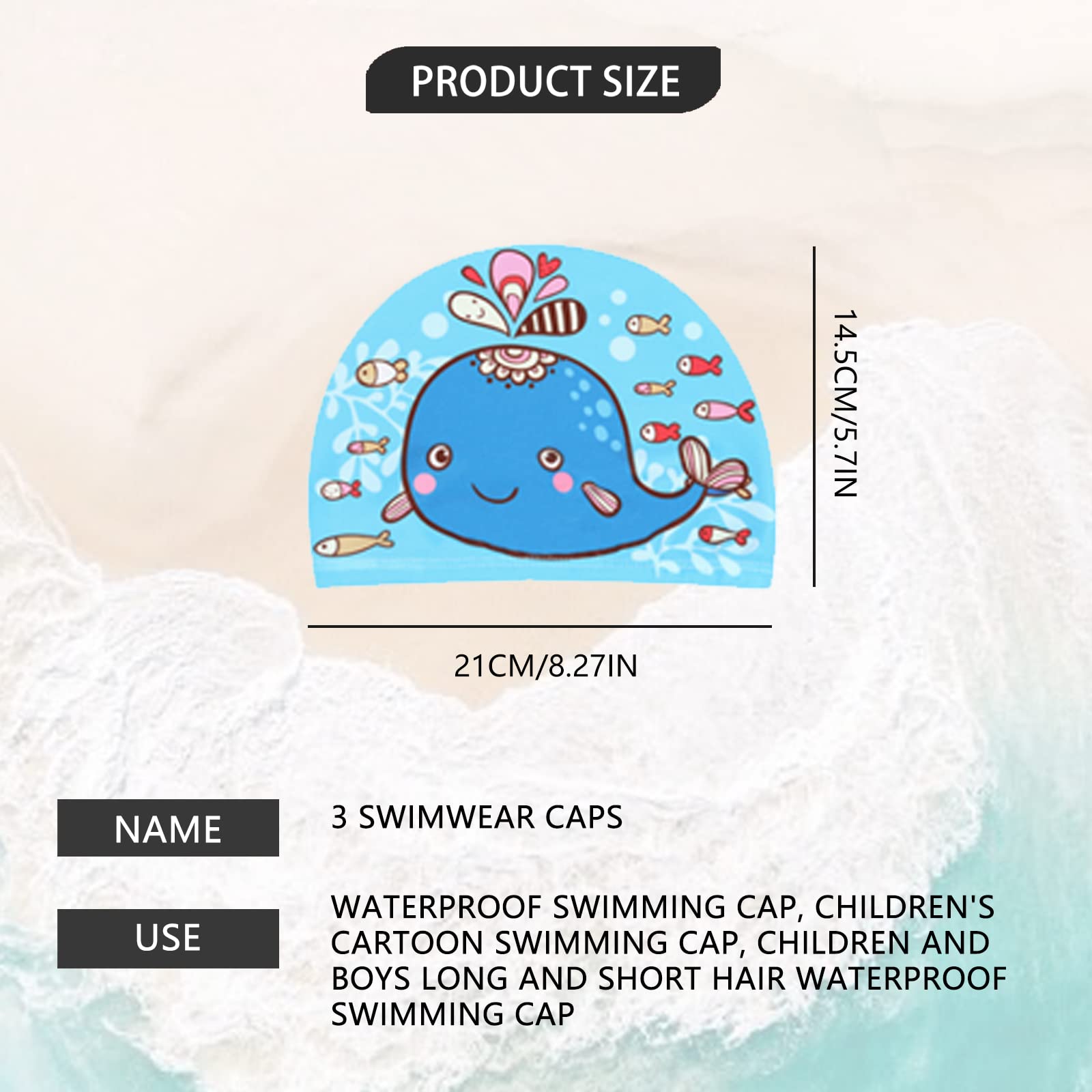 3 Pack Waterproof Swim Caps for Kids - Cartoon Design Bathing Caps for Girls & Boys with Long or Short Hair - Ideal for Swimming Lessons, Pool Parties & Beach Activities