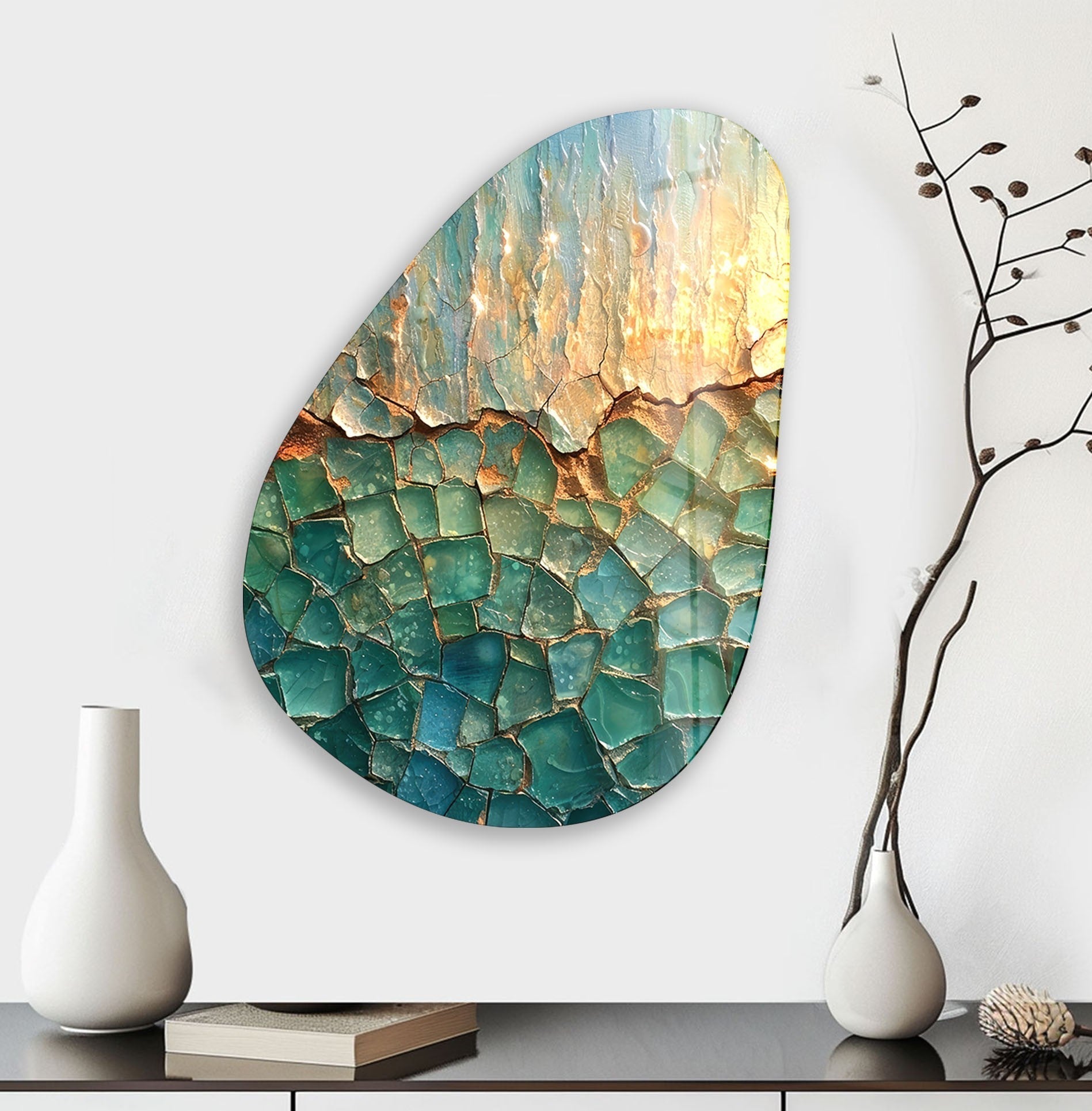Asymmetrical Oval Green Cracked Glass Wall Art - Modern Abstract Home Decor for Living Room, Bedroom & Office - Handmade Glass Wall Sculpture for Unique Interior Design