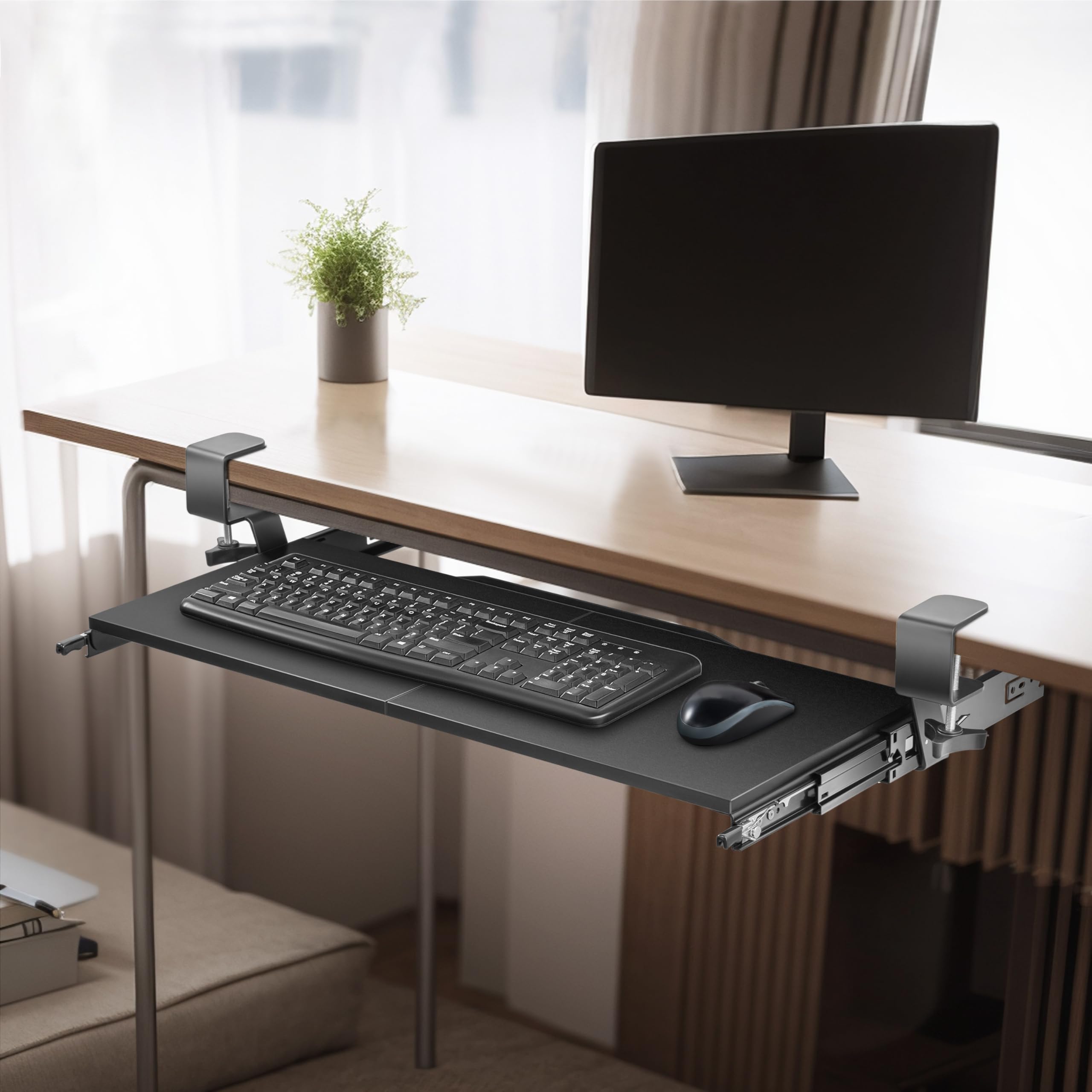 Ergonomic Under Desk Keyboard Tray - Slide-Out Wrist Support with Heavy-Duty C-Clamp Mount (26.8