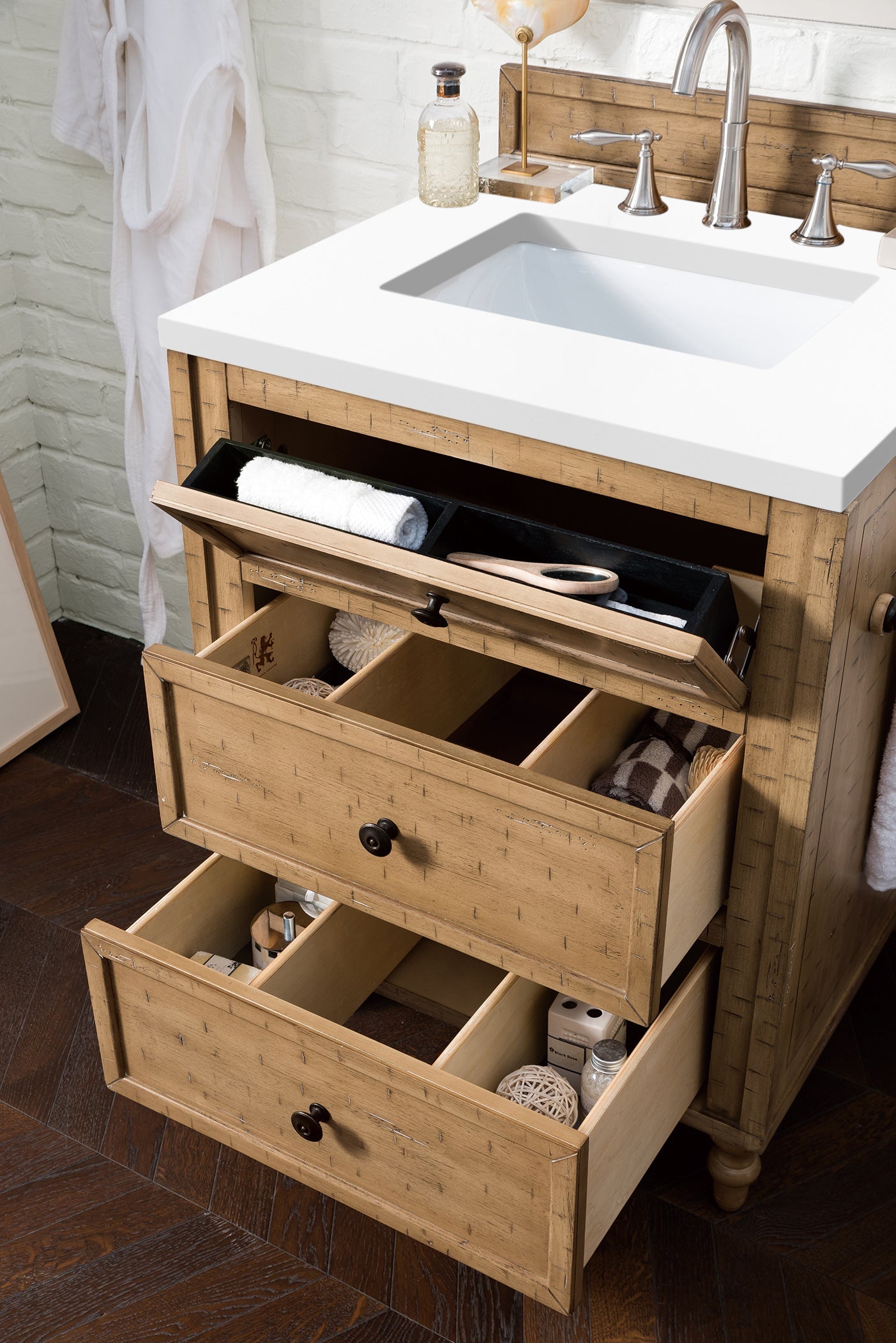 Copper Cove 26 Inch Single Bathroom Vanity Cabinet with 3CM Classic White Quartz Top in Driftwood Patina - Perfect for Modern Farmhouse, Coastal, or Transitional Bathroom Designs
