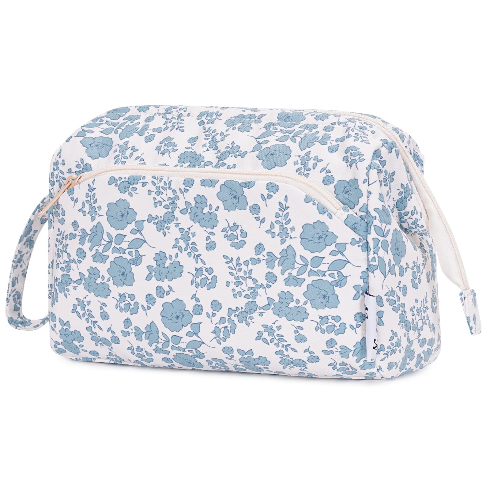 Narwey Floral Makeup Bag - Large Open Cosmetic Organizer for Travel, Toiletry Storage & Beauty Accessories (Little Blue Flower) - Perfect for Travel, Gym, Home & Daily Use