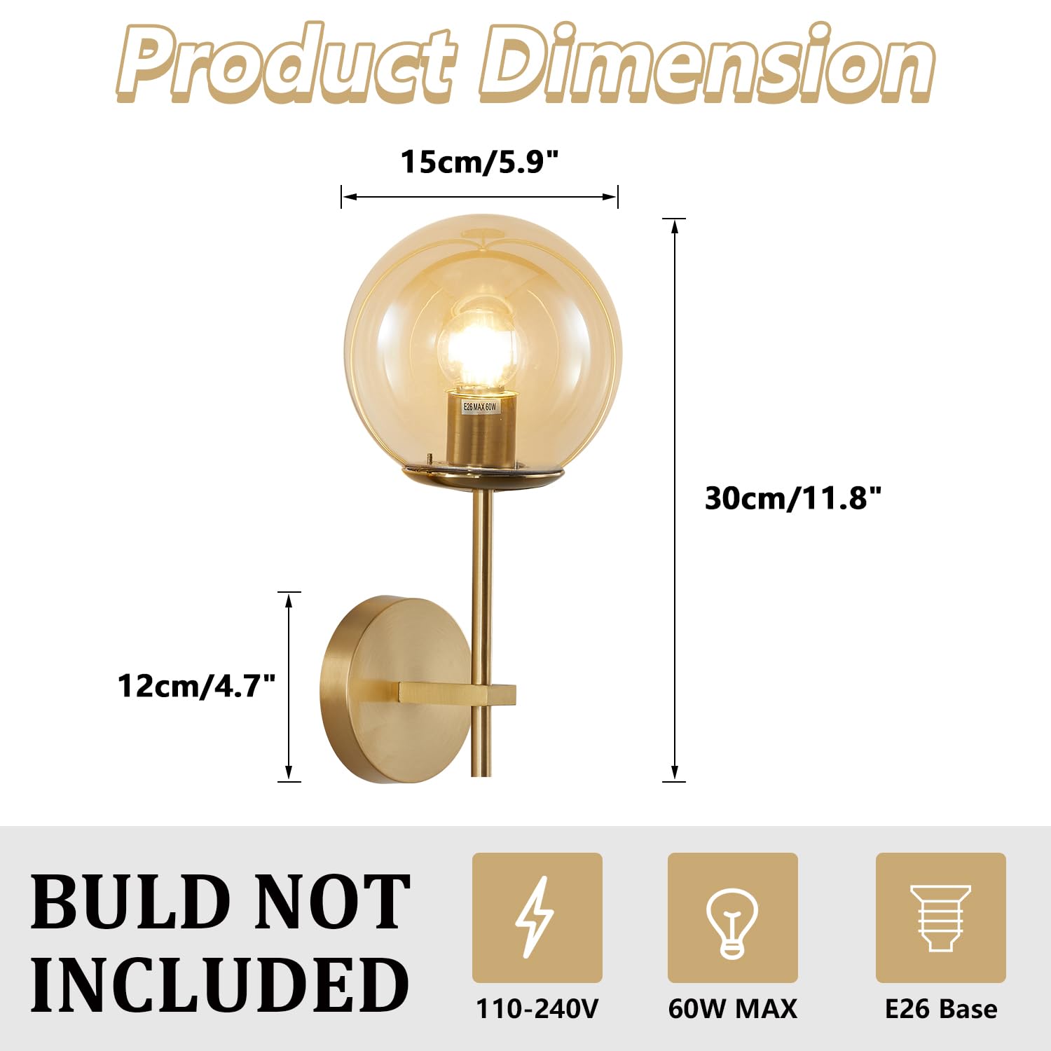 Modern Mid Century Style Wall Sconce with Glass Shade & Brass Finish - Amber Bathroom Vanity Light for Home Decor | Perfect for Bedroom, Hallway & Bathroom Lighting