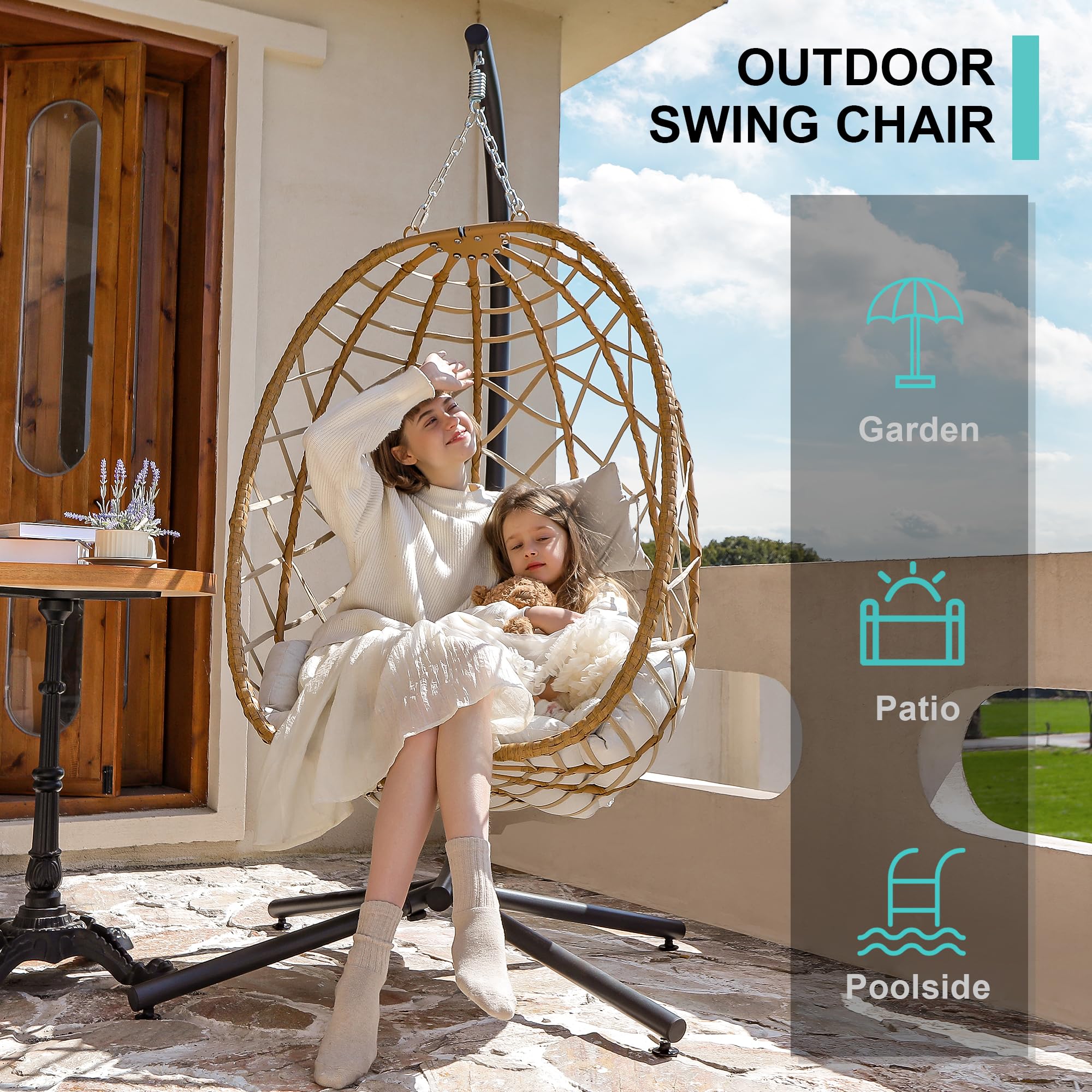 SWITTE Egg Swing Chair with Stand - 350LBS Capacity Outdoor/Indoor Hanging Egg Chair with Cushion for Patio, Garden, Backyard, Balcony - Beige Hammock Chair for Relaxing & Reading