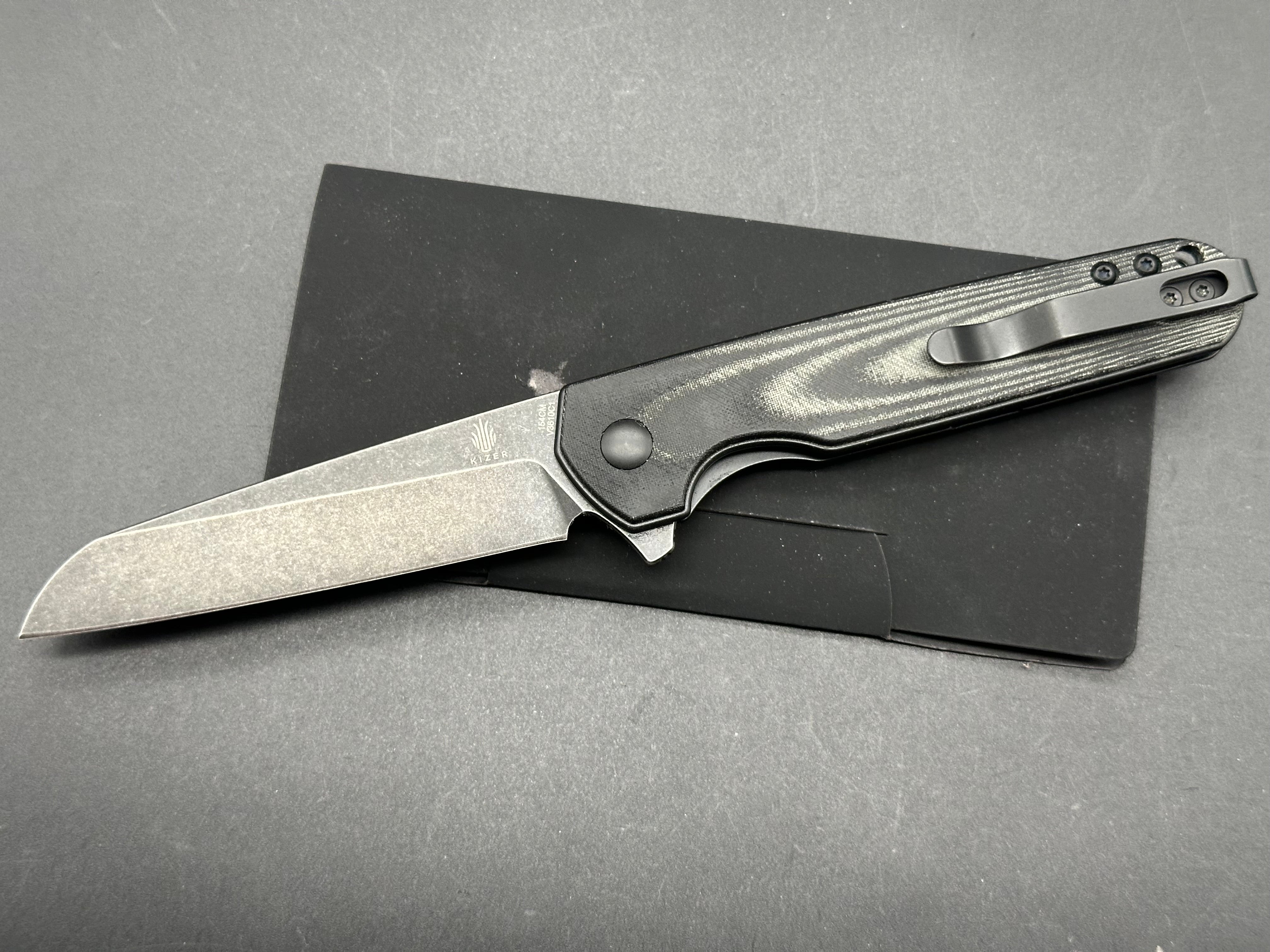 Kizer Azo LP Liner Lock Folding Pocket Knife - Black Micarta Handle, 154CM Steel Blade with Black Stonewash Finish (3.43