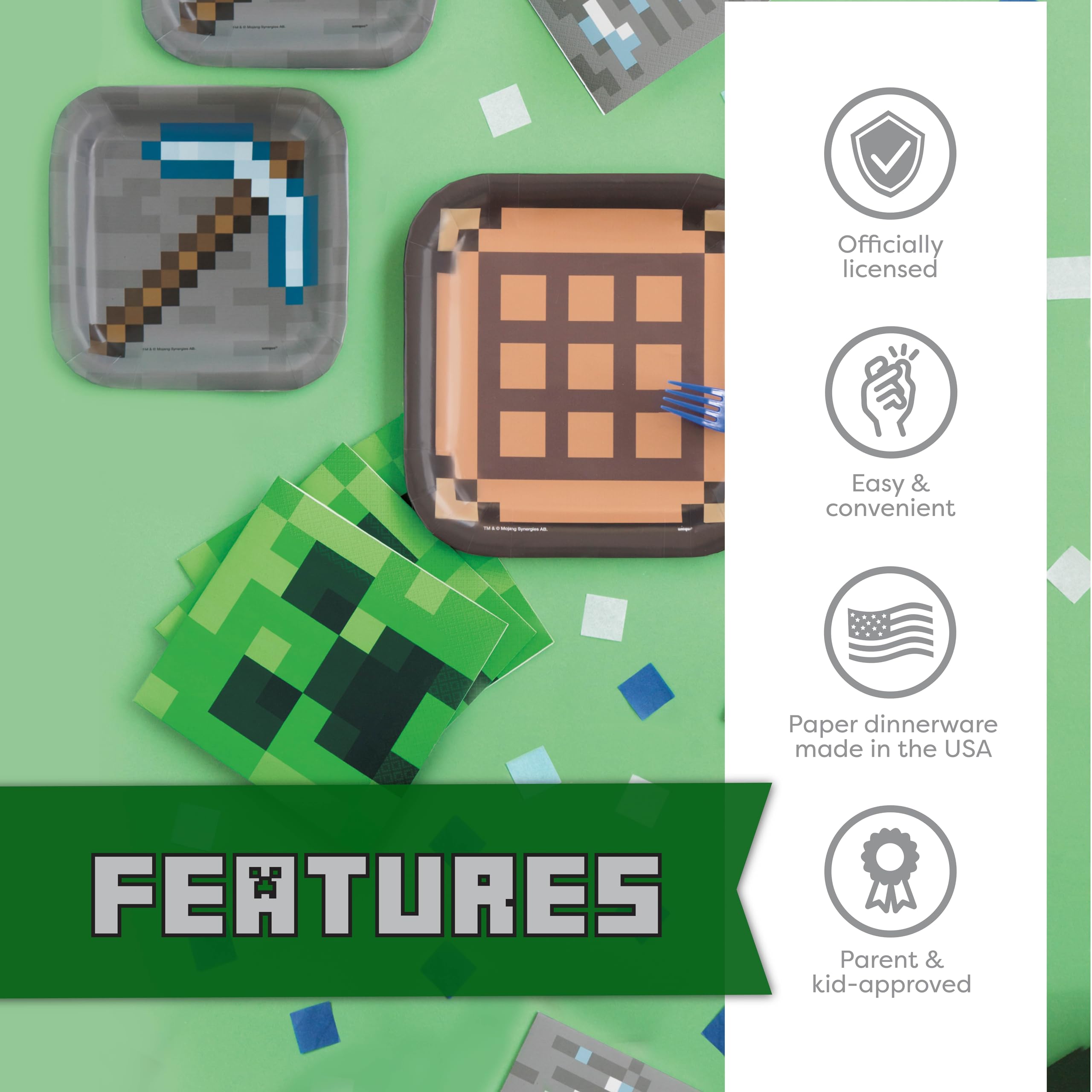 Minecraft Party Supplies for Boys and Girls - 16-Piece Birthday Decoration Set with Table Cover, Plates & More - Perfect for Kids' Birthday Parties, School Events & Themed Celebrations