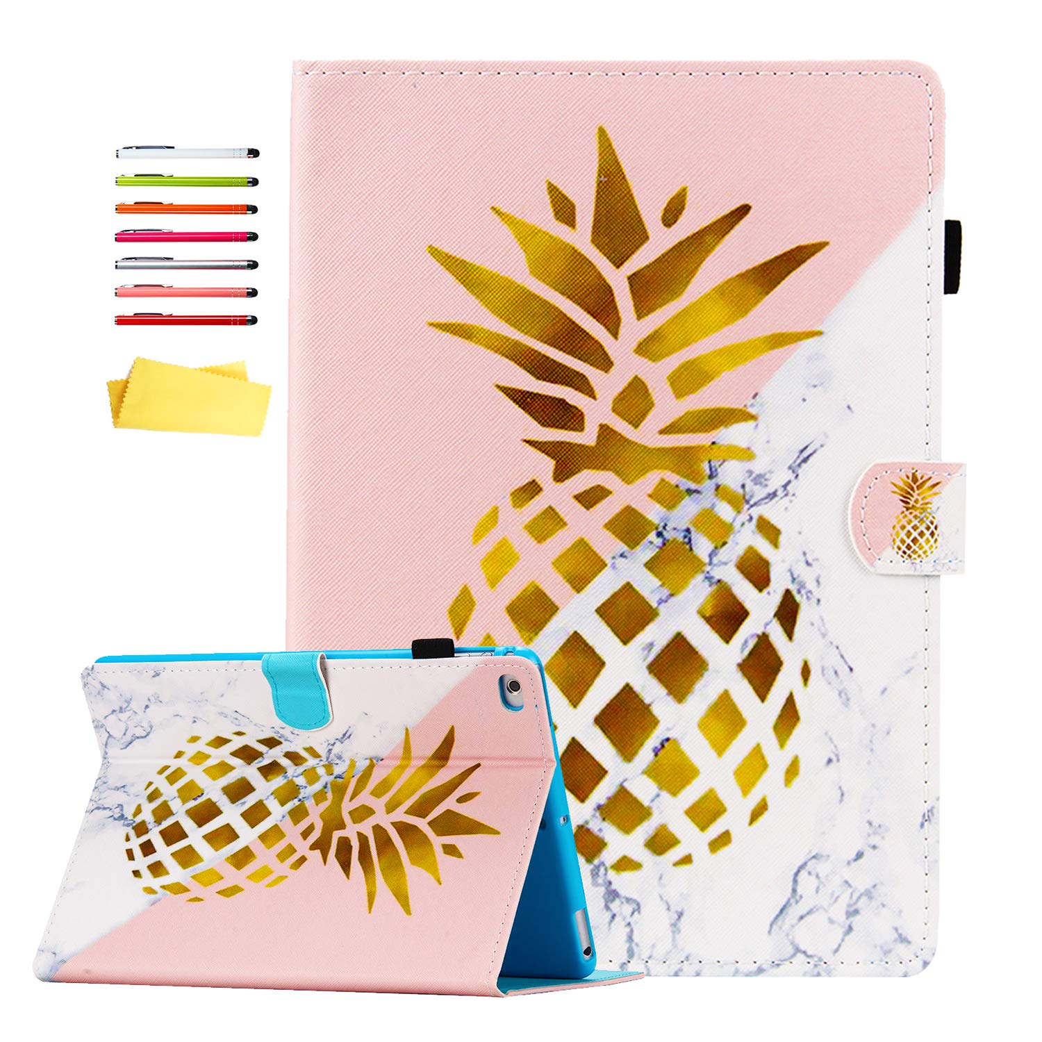 Premium Magnetic PU Leather Smart Case for Apple iPad 9.7 (6th/5th Gen 2018/2017) & iPad Air/Air 2 - Folio Stand Cover with Auto Sleep/Wake, Card Slots & Pencil Holder - Golden Pineapple Marble Design | Perfect for Work, Travel & Home Office Use