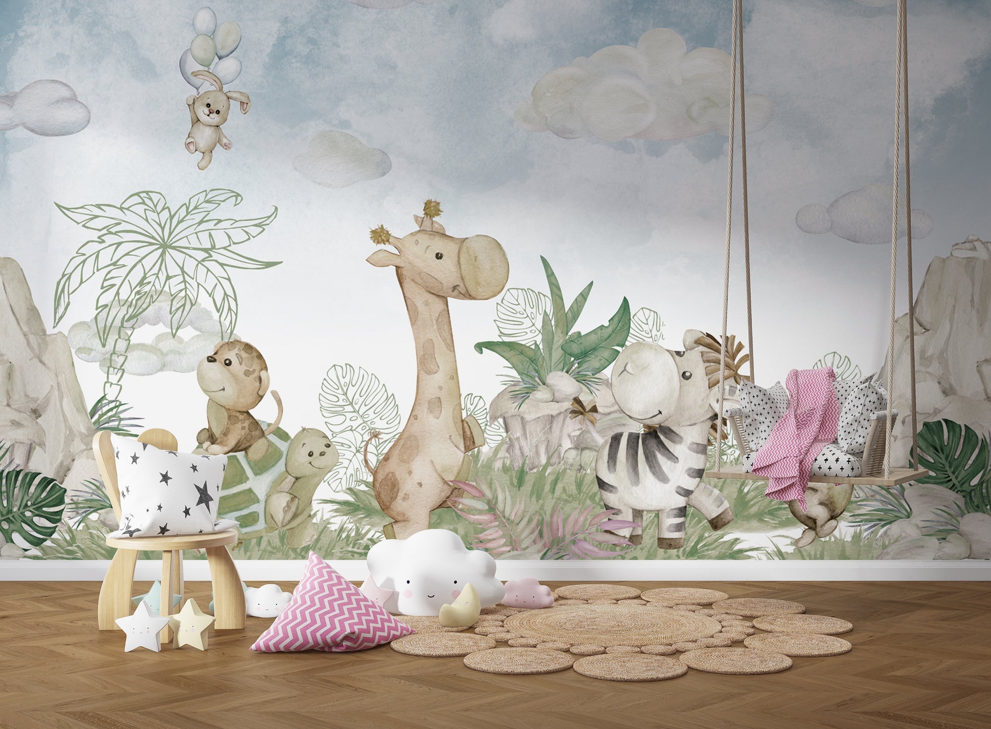 Adorable Jungle Safari Baby Room Wallpaper Mural - Perfect for Nursery, Kids Bedroom & Playroom Decor