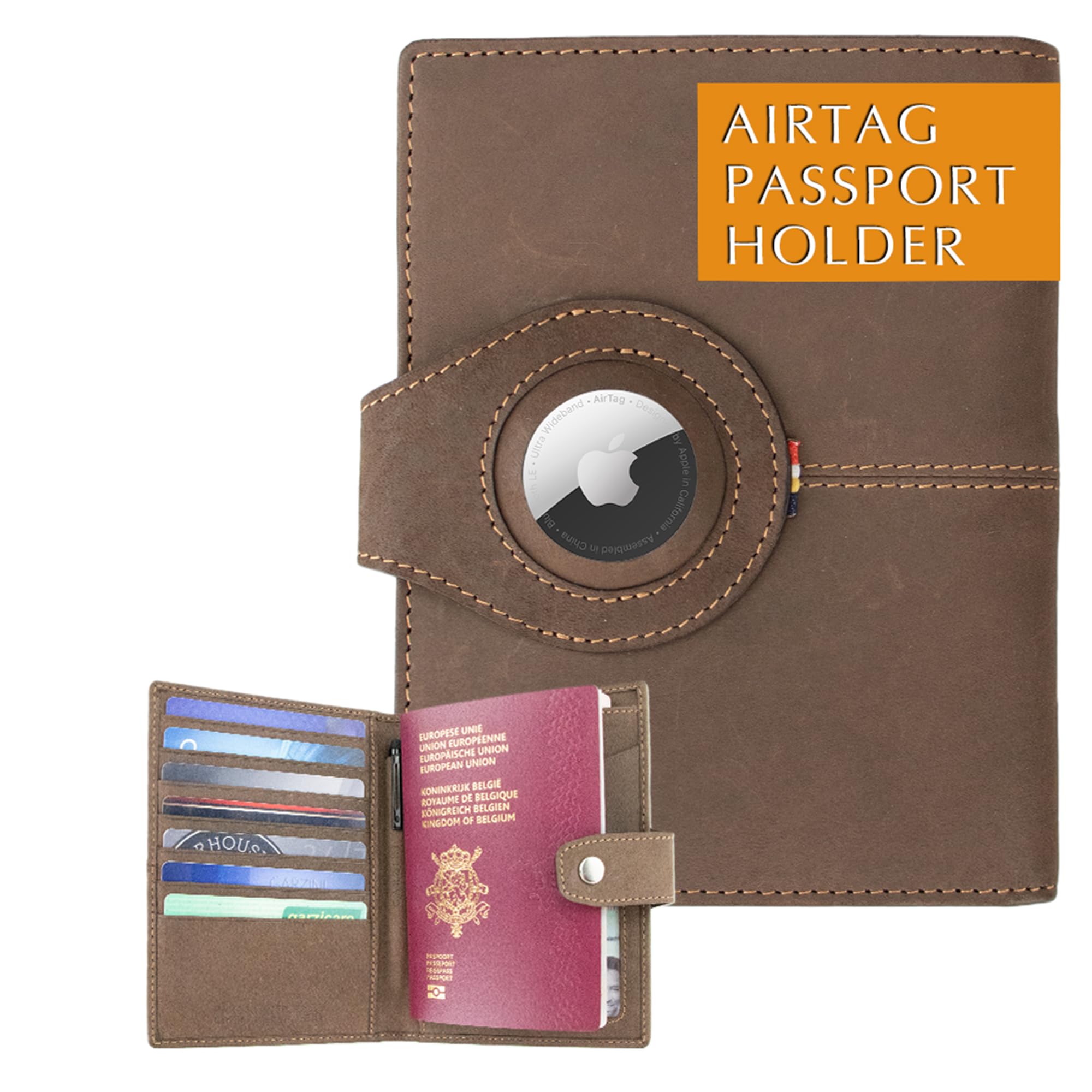 GARZINI Leather Passport Holder with AirTag Slot - RFID Blocking Travel Wallet for Passport & 7 Cards - ID Window Document Organizer (Java Brown) | Perfect for International Travel, Business Trips & Vacation Essentials