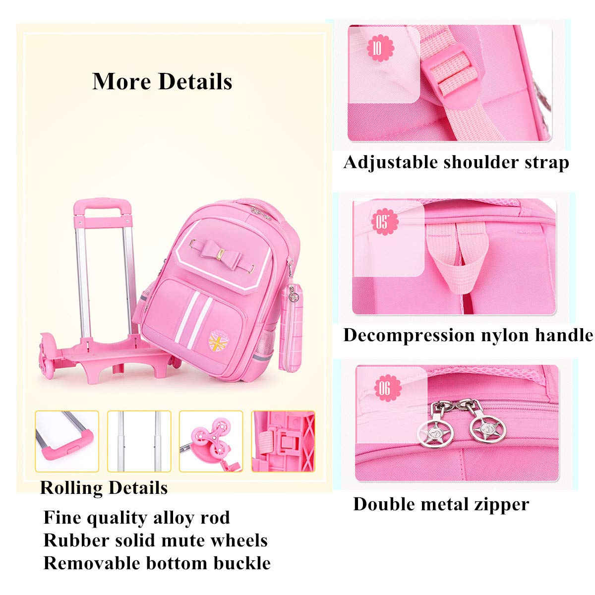 Cute Bowknot Rolling Backpack for Girls - Pink Wheeled School Backpack with 2 Wheels, Lightweight Carry-on Luggage for Travel, School & Daily Use