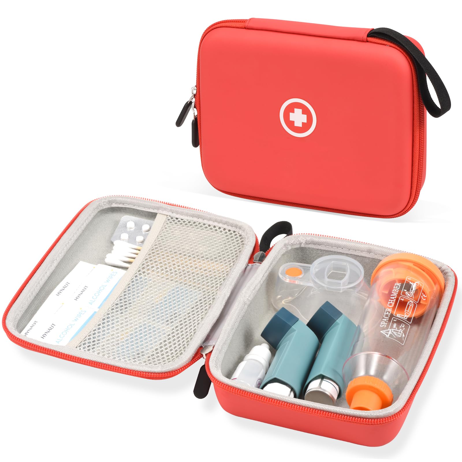 **Fukumi Hard Travel Case for Asthma Inhaler & Spacer - Portable Storage Organizer for Kids & Adults - Holds Masks, Medicine & Accessories with Mesh Pocket - Ideal for Travel, School & Daily Use - Red (Case Only)**
