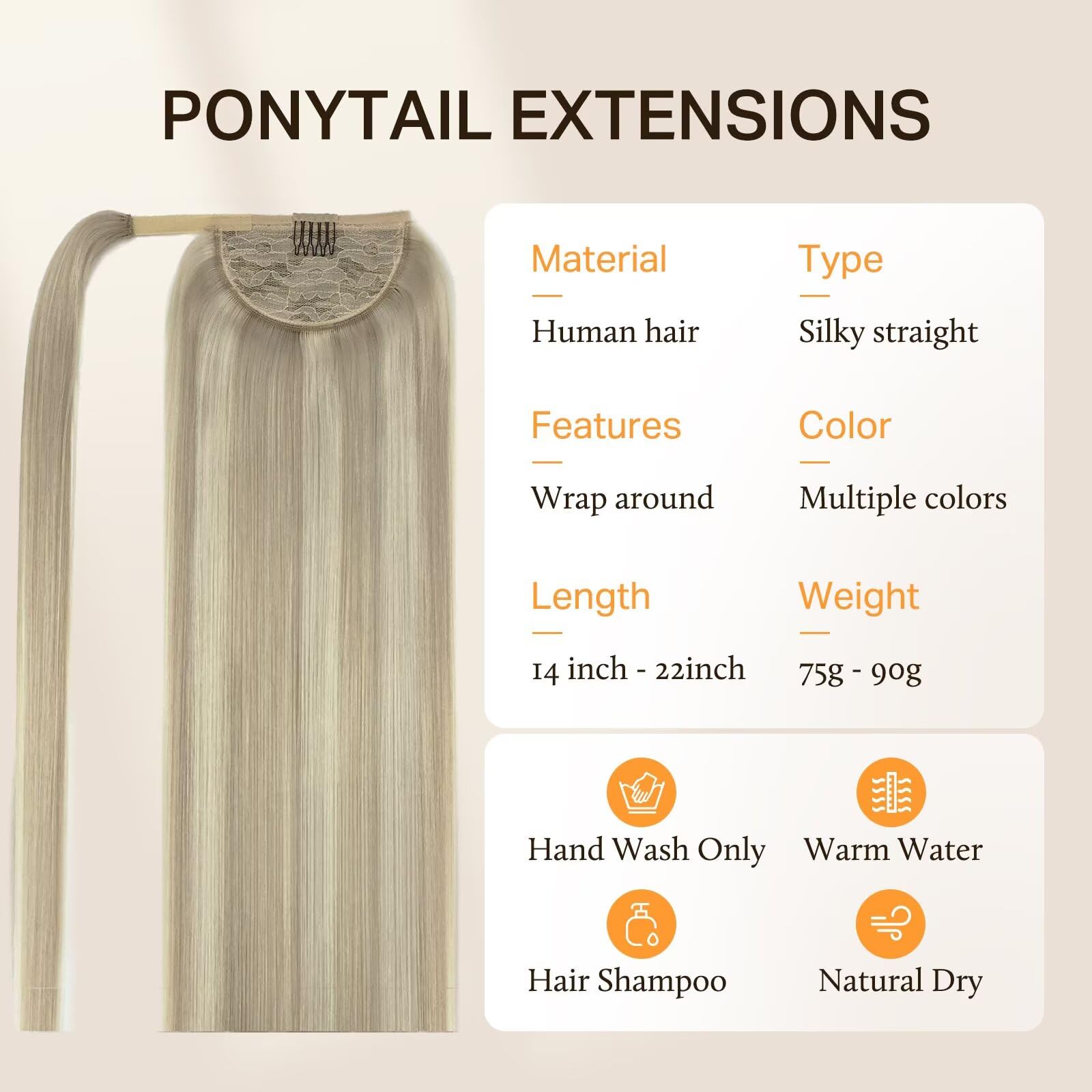 DOORES 20 Inch Real Human Hair Ponytail Extension Clip-in - Balayage Ash Blonde & Platinum Blonde Highlights - 90g Wrap Around Ponytail Hairpiece for Long Straight Hair - Perfect for Parties, Weddings & Daily Styling