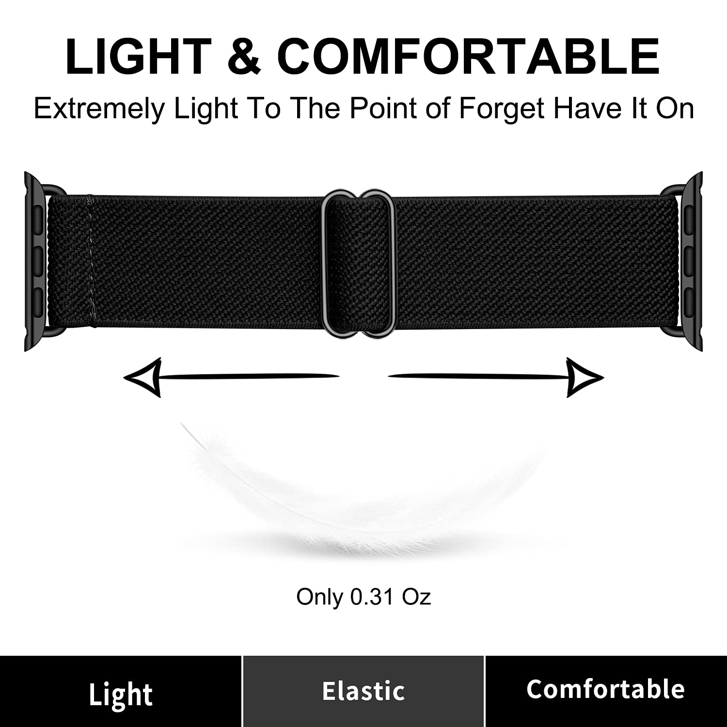 OXWALLEN Metal Connector Stretchy Nylon Solo Loop Band - Compatible with Apple Watch Series 9/8/7/6/5/4/3 SE 2/1 (41mm 40mm 38mm) - Adjustable Elastic Braided Strap for iWatch - Black Stainless Steel Adapter - Perfect for Workouts, Running & Everyday Wear