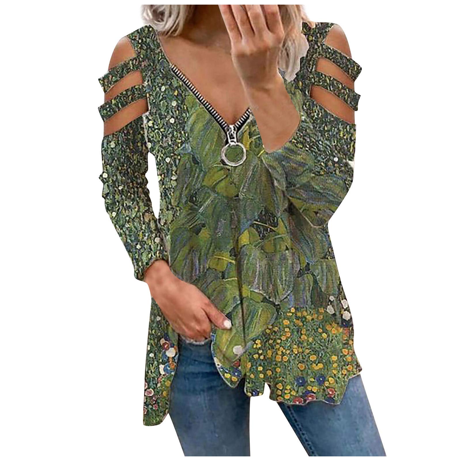 Women's Cold Shoulder Tops - Short Sleeve Zipper Tunic T-Shirt with Funny Print & Scoop Neck | Summer Blouse Shirts for Casual Wear, Beach Outfits & Vacation Style