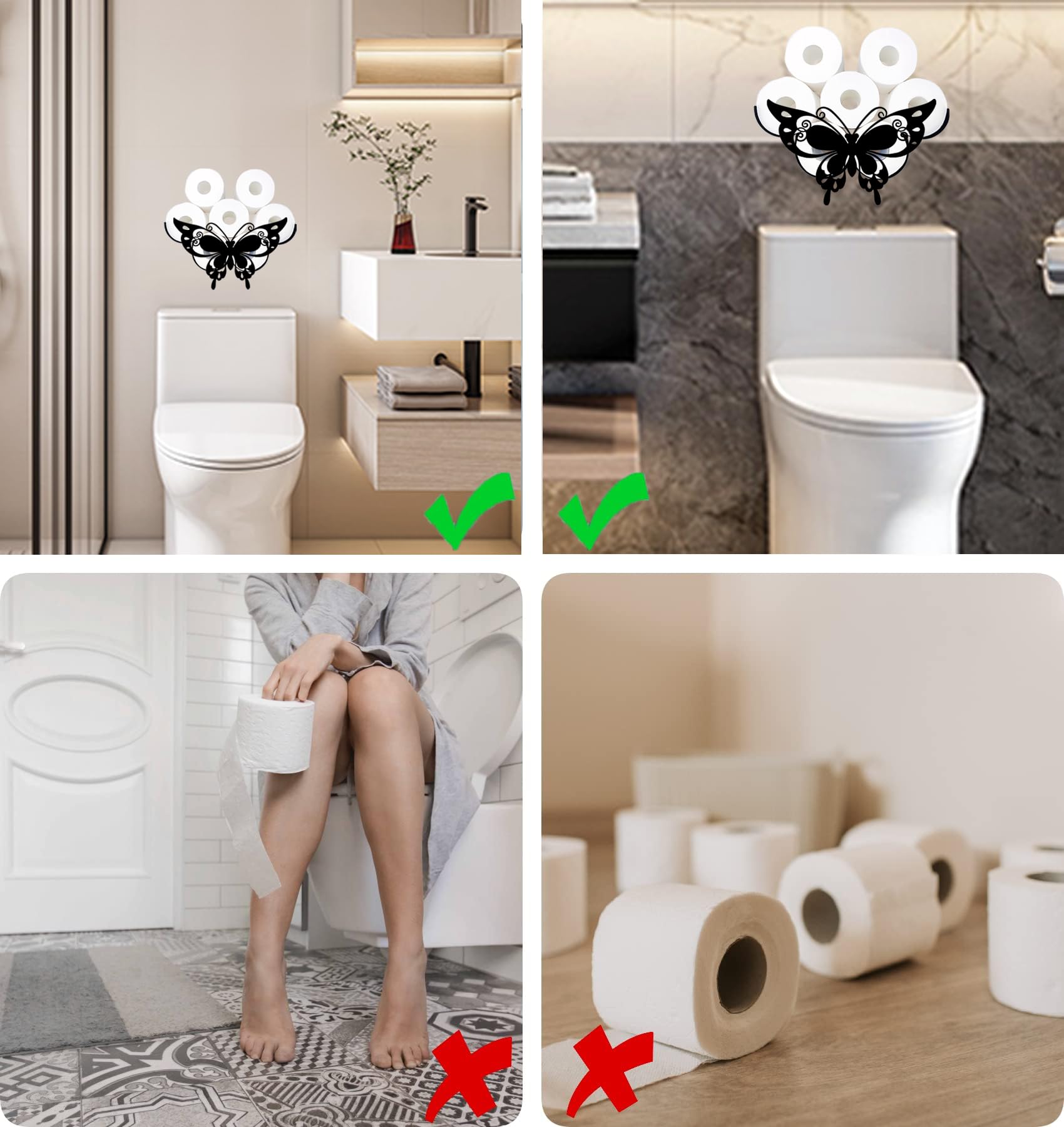 Funny Butterfly Toilet Paper Holder - Metal Wall Mounted Black Bathroom Tissue Roll Dispenser for 8 Rolls - Universal Fit Paper Roll Storage Shelf - Bathroom Floor Decor Accessories - Perfect for Home, Office, and RV Bathrooms