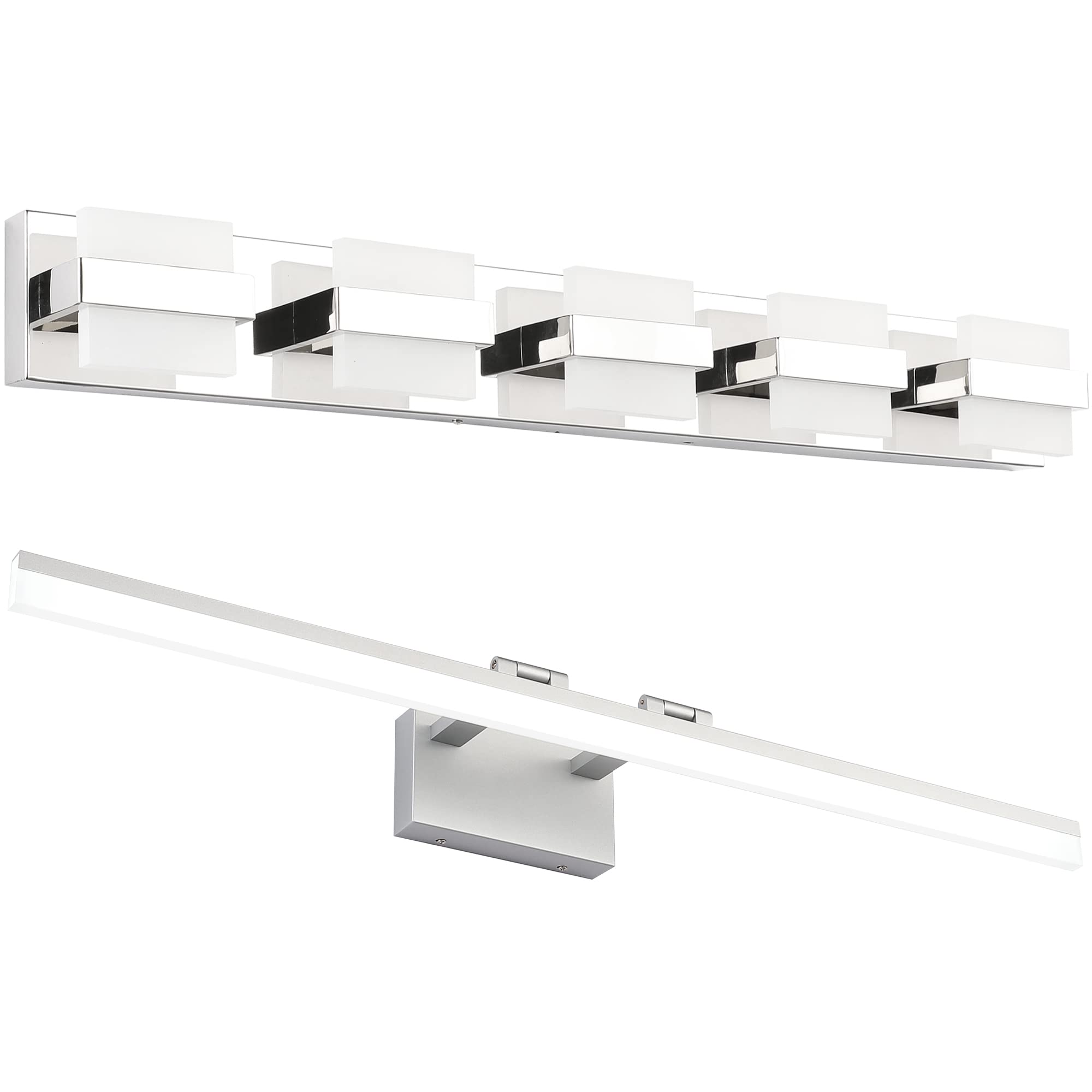 SOLFART LED Vanity Lights Bundle - 7248-5T & 8778-1000mm Modern Bathroom Light Fixtures in Silver & Gloss Chrome - Perfect for Makeup Vanity, Dressing Room, and Contemporary Bathroom Lighting