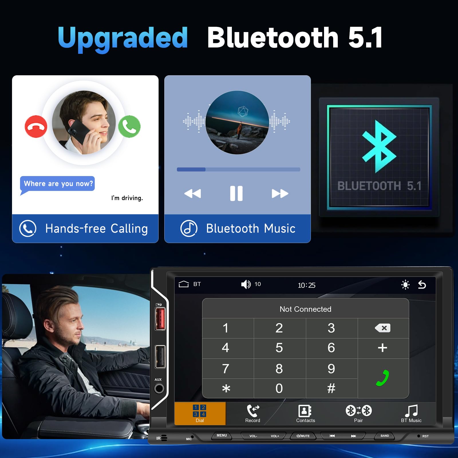 Podofo 7-inch Wireless CarPlay & Android Auto Double Din Car Stereo - Bluetooth 5.1 Touch Screen Car Radio with FM, USB, AUX, TF Card & Rear View Camera - Universal Car Multimedia Player for Road Trips & Daily Commuting