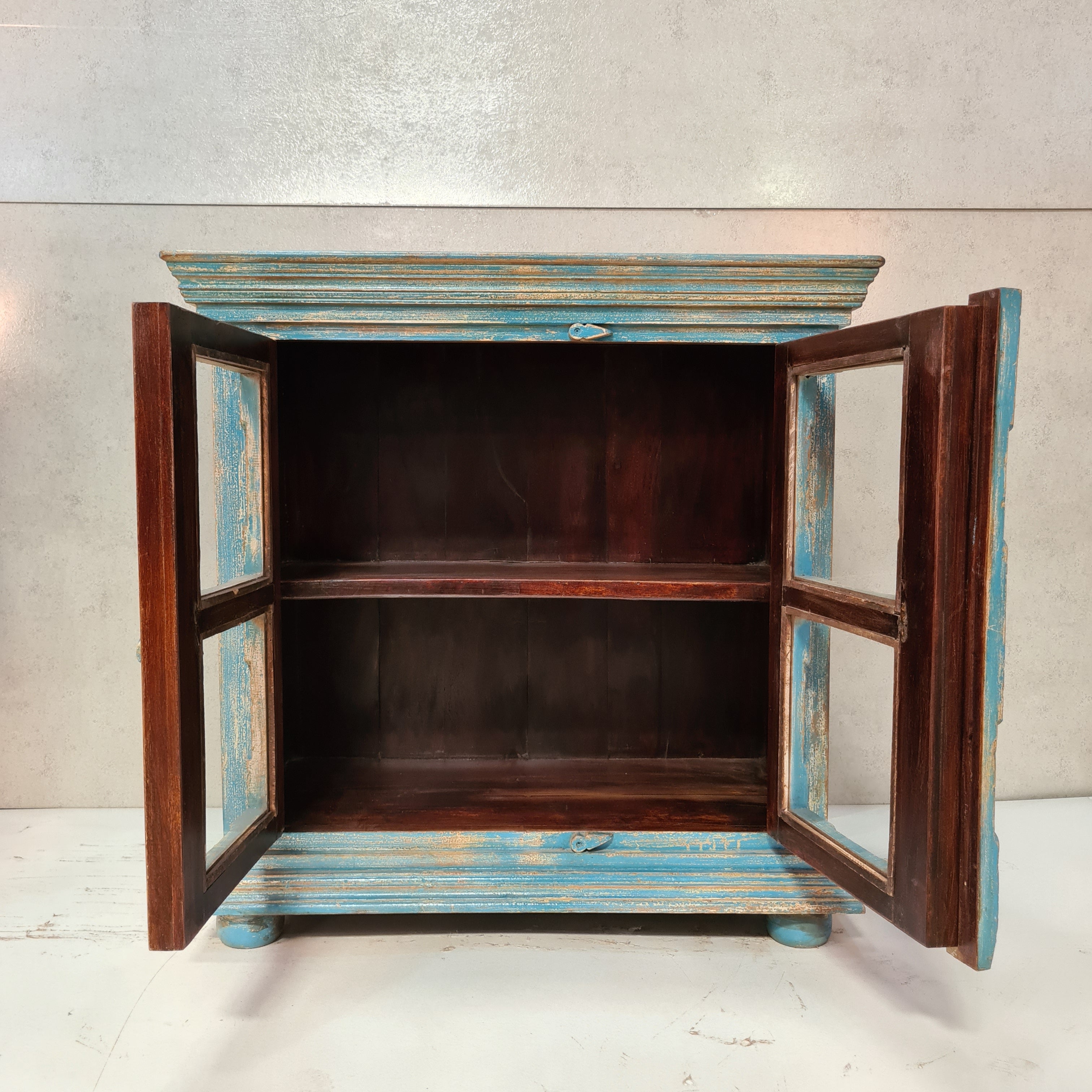 Handcrafted Indian Solid Hardwood Carved Cabinet with 2 Doors - Blue, 96x45x97cm - Perfect for Living Room, Bedroom & Home Office Storage