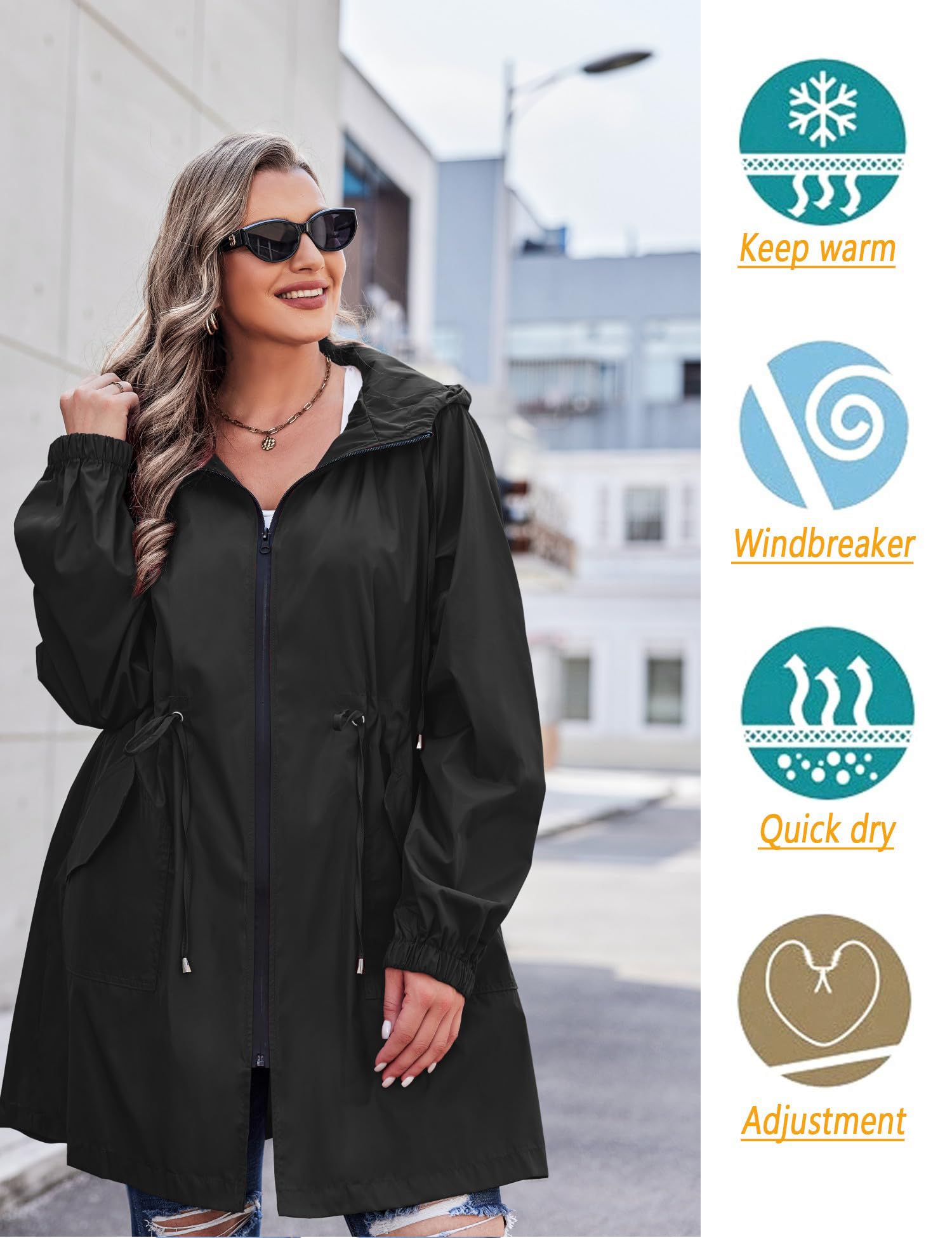 IN'VOLAND Women's Lightweight Waterproof Rain Jacket with Hood & Pockets - Plus Size Long Windbreaker Raincoat for Outdoor Hiking, Commuting & Travel