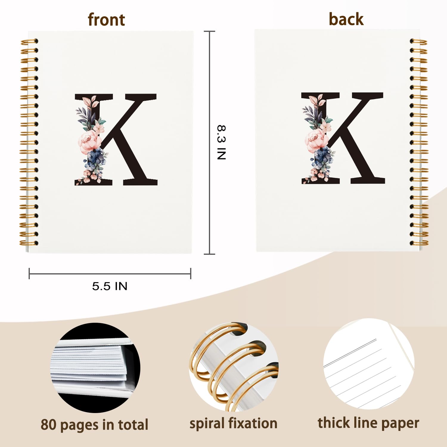 QUICQOD Spiral Notebook - Personalized Letter K Hardcover Journal, 5.5x8.3 Inch Monogram Notebook for Reading, Writing & Journaling | Perfect Gift for Students, Writers & Book Lovers | Office, School & Home Use