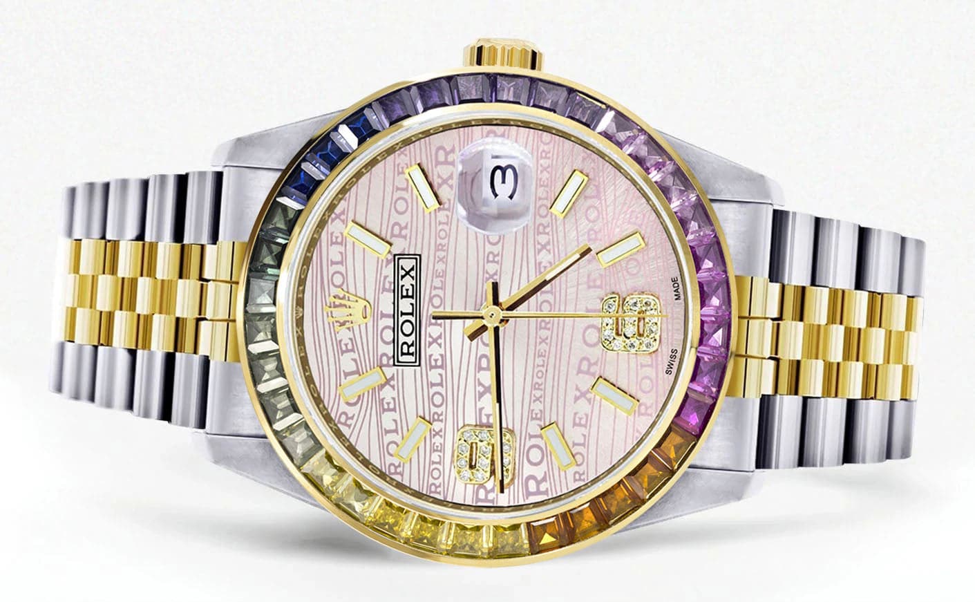 Luxury Diamond Gold Rolex Watch For Men 16233 | 36mm Rainbow Sapphire Bezel | Diamond Pink Dial | Jubilee Bracelet | Perfect for Gifts, Weddings & Special Occasions
