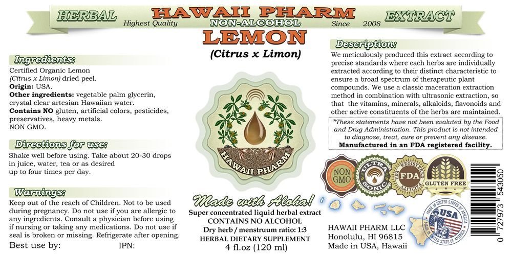 Alcohol-Free Lemon Liquid Extract - Natural Citrus Limon Dried Peel Glycerite Herbal Supplement by Hawaii Pharm (4x4 oz) - Perfect for Tea, Cooking & Wellness Routines