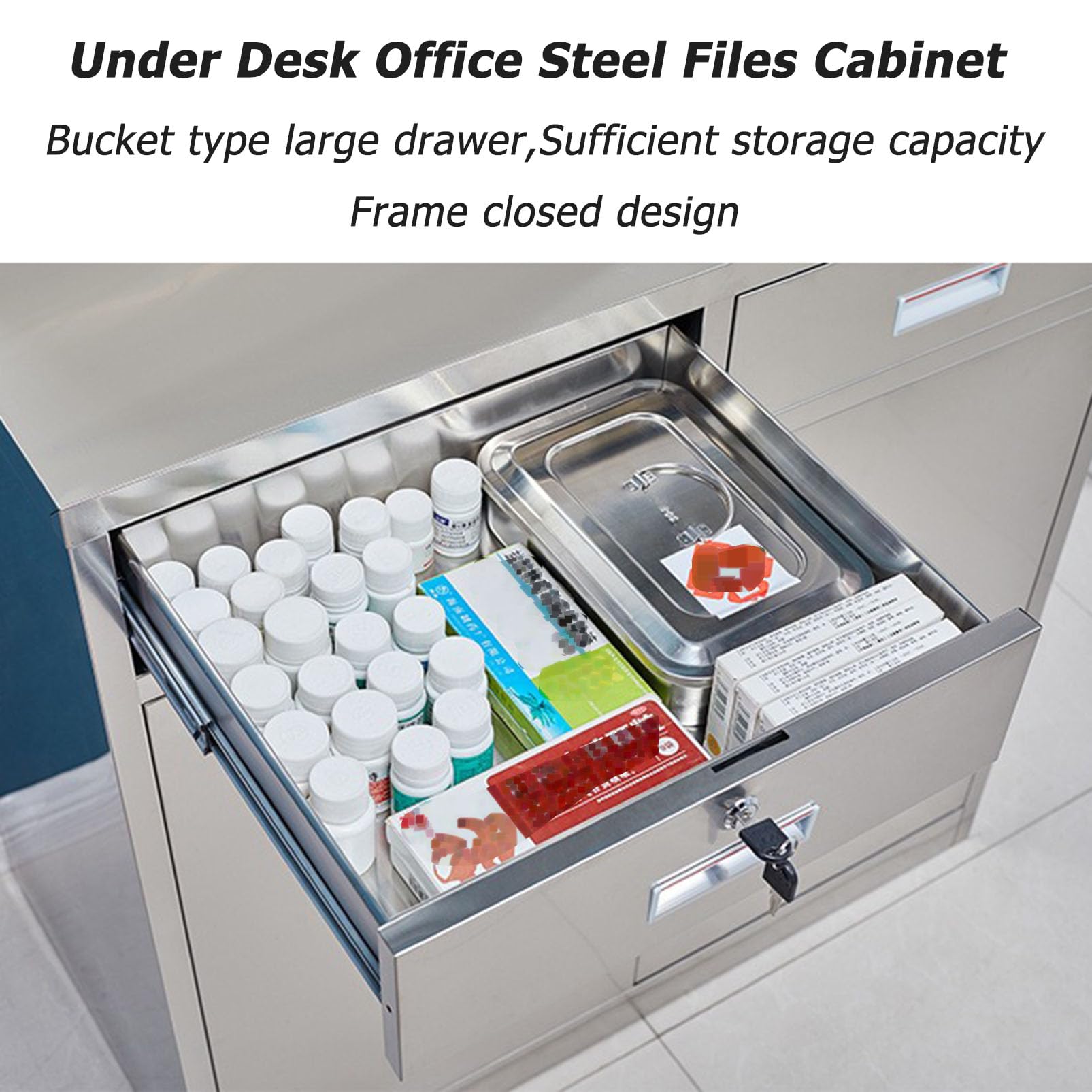 Stainless Steel File Cabinet with Lock - Under Desk Mobile Storage for Home Office, Garage Tool Chest & Metal Medicine Cabinet | Perfect for Warehouse, Repair Shop, Home Organization & Office Supplies