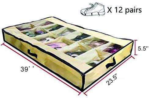12-Cell Clear Underbed Shoe Storage Organizer for Men & Women - Space-Saving Beige Shoe Bag for Sneakers, Sandals & Boots | Perfect for Bedroom, Closet & Dorm Organization