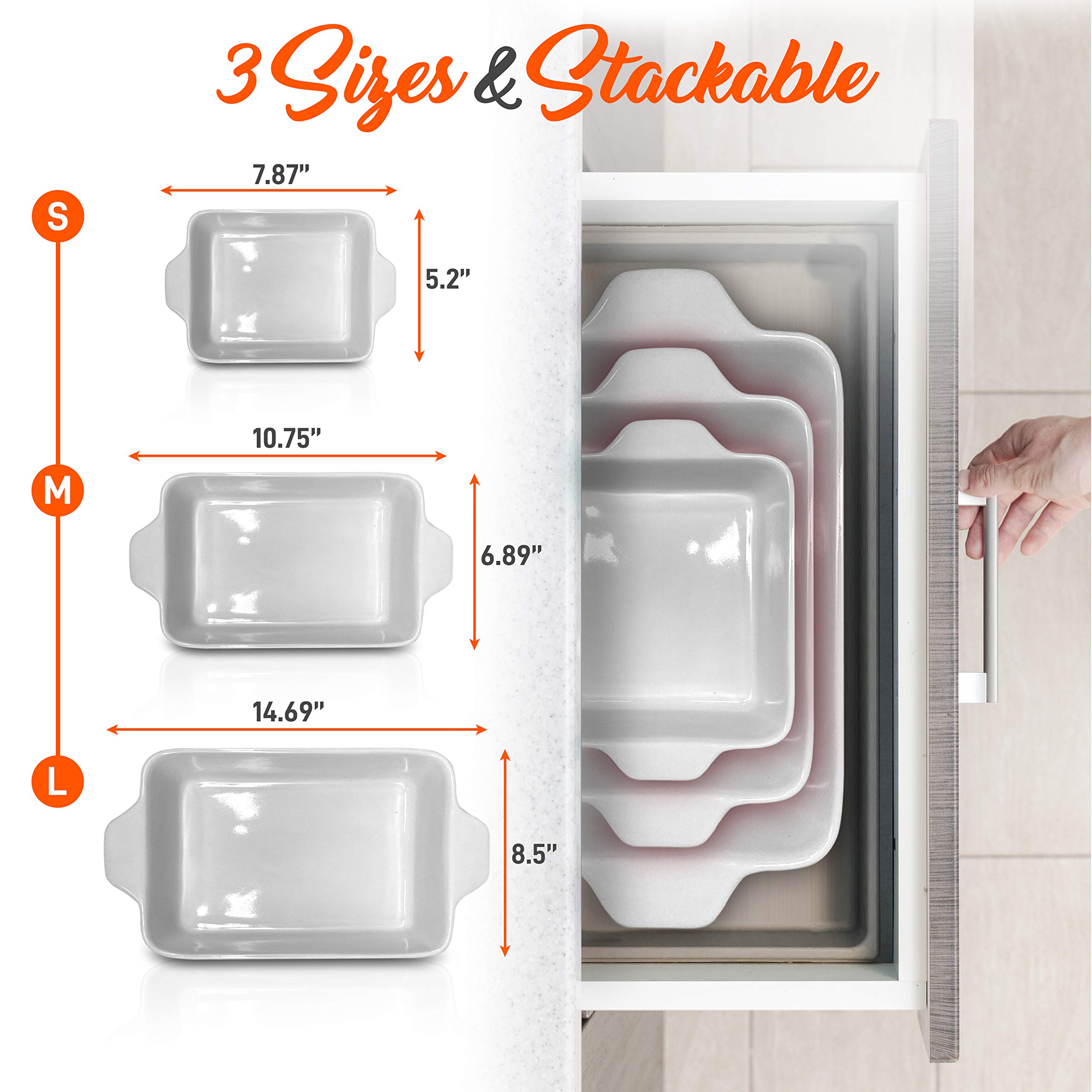 NutriChef 3-Piece Ceramic Casserole Dish Set for Oven Baking - Nonstick Lasagna Pans with Built-In Handles, Dishwasher & Microwave Safe (14