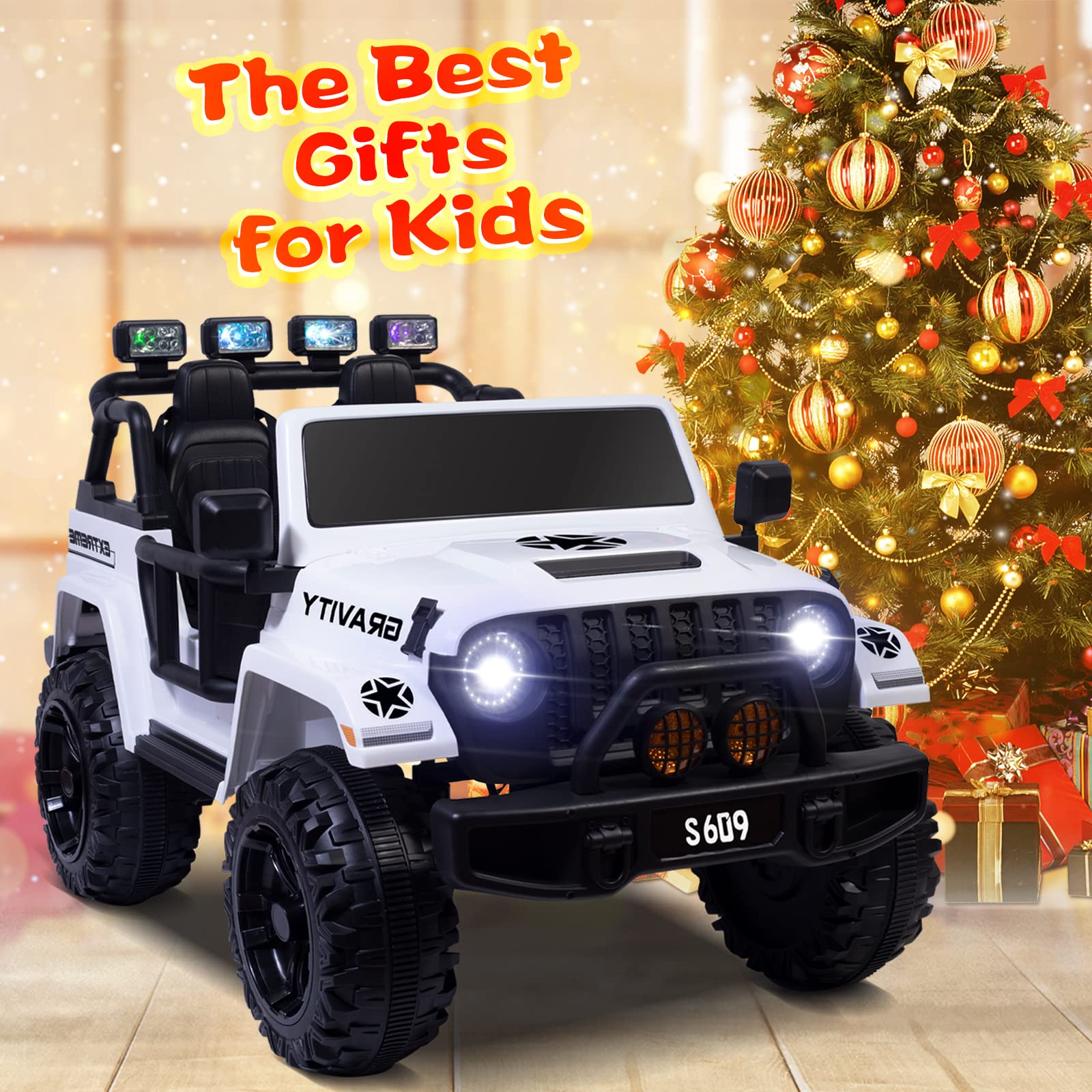 12V OTTARO 2-Seater Electric Ride-On Truck for Kids - Remote Control, Spring Suspension & LED Lights - Battery Powered Toy Car with Music (White) | Perfect for Outdoor Play, Birthday Gifts & Backyard Fun