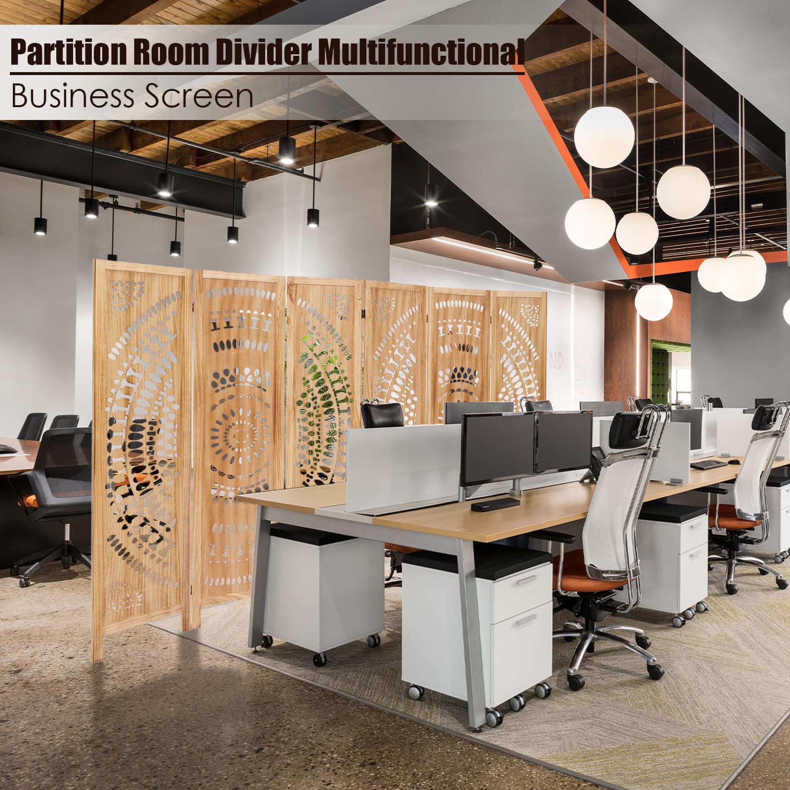 5.6 FT Wooden Room Divider Screen - 6 Panel Folding Partition Wall with Carved Design for Home, Bedroom & Office | Portable Space Separator for Privacy, Decoration & Room Organization (Natural Finish)