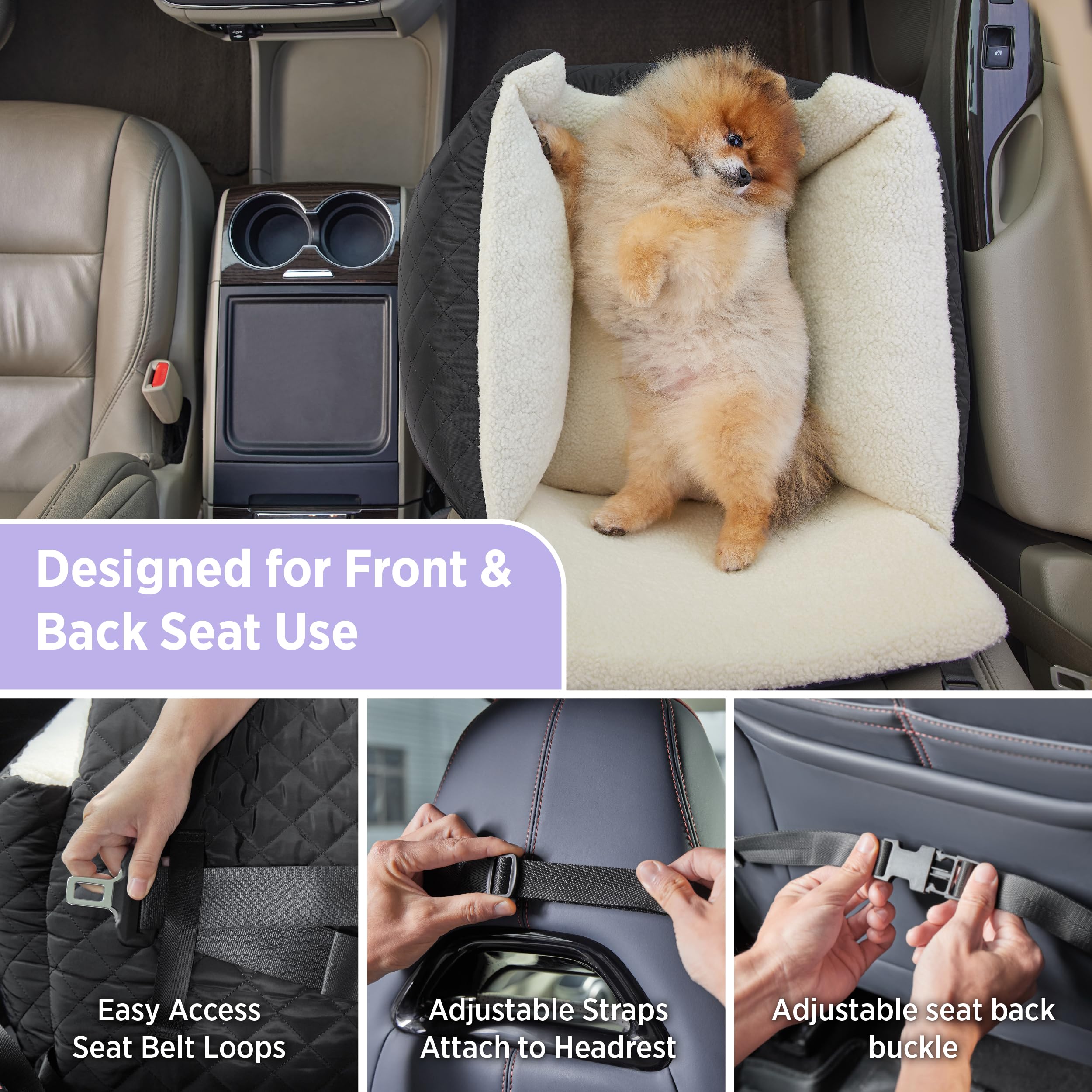 **Waterproof Small Dog Car Booster Seat - Travel Pet Carrier Bed with Clip-On Leash for Medium Dogs (54.5x49.5x38cm, Black) - Perfect for Road Trips & Safe Car Rides**