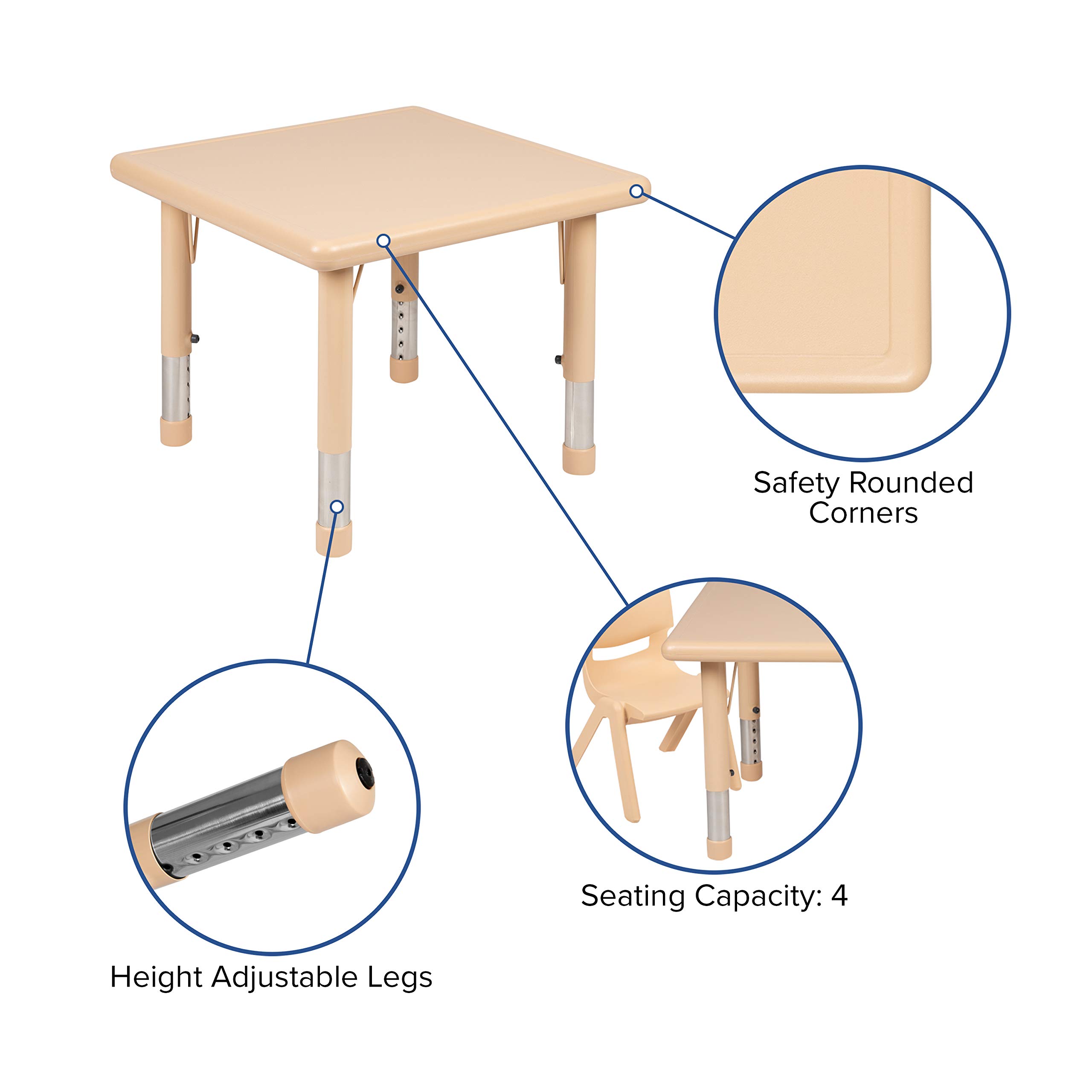 EMMA + OLIVER 24 Inch Square Adjustable Height Kids Activity Table - Natural Plastic Children's School & Learning Table for 4 | Perfect for Classroom, Homeschool, Playroom & Daycare Activities