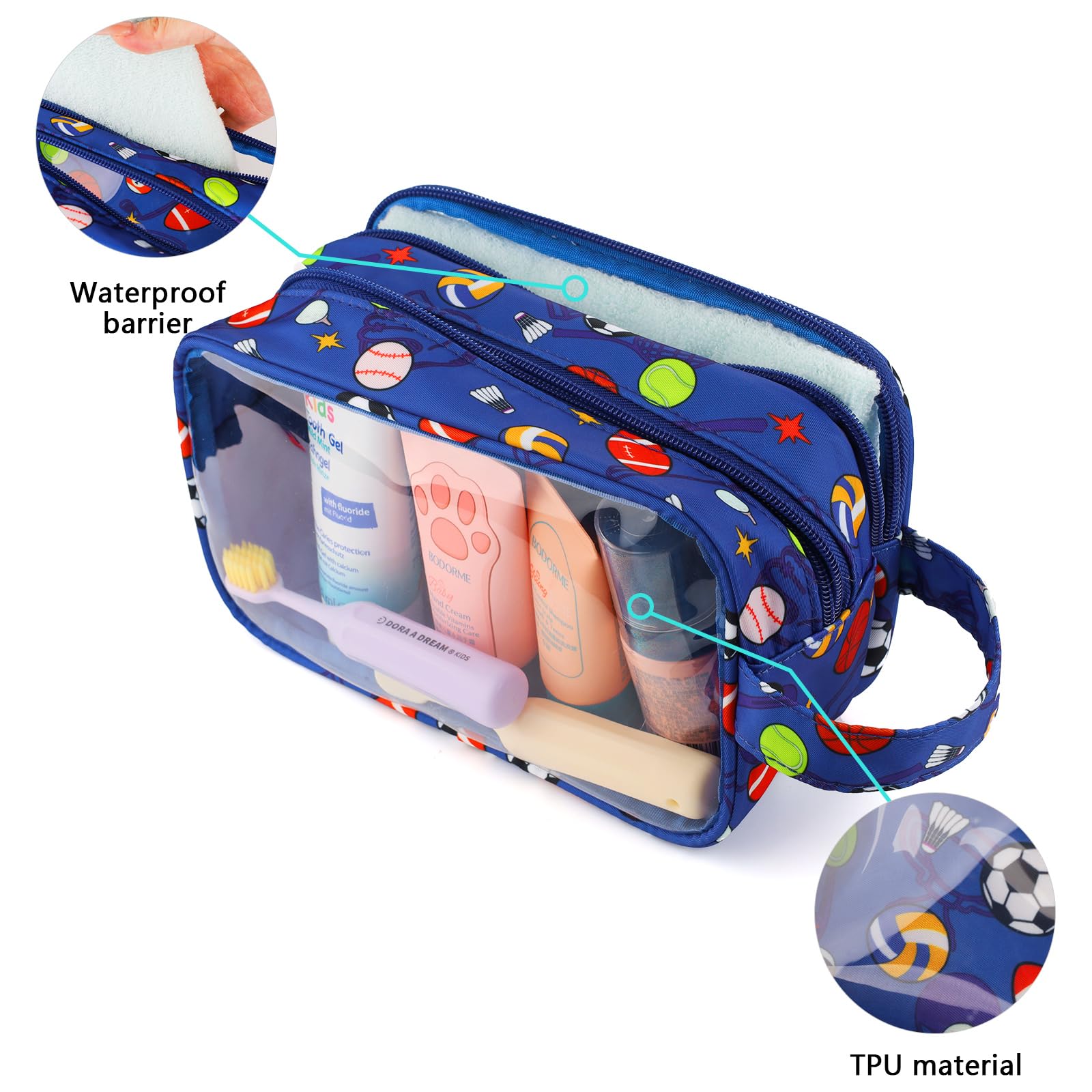 Waterproof Hanging Toiletry Bag for Boys - Travel Wash Bag with Clear Compartments for Kids & Toddlers - Blue Soccer Ball Design - Perfect for School Trips, Camping & Family Vacations