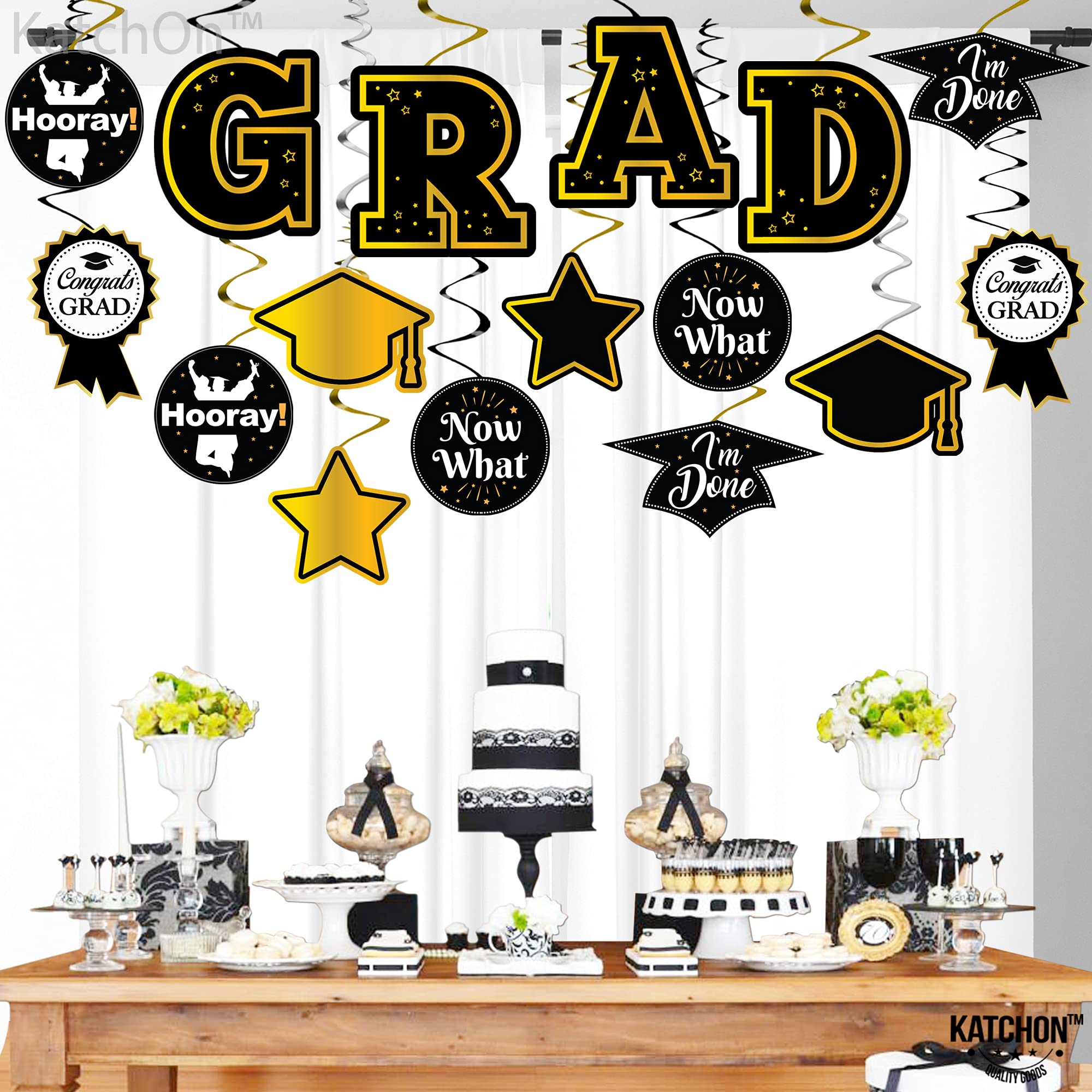 KatchOn Graduation Hanging Swirl Decorations - 35 Pack Black & Gold Party Decor for 2025 Graduation Ceremony | No DIY Required | Perfect for Graduation Parties, School Events & Photo Backdrops