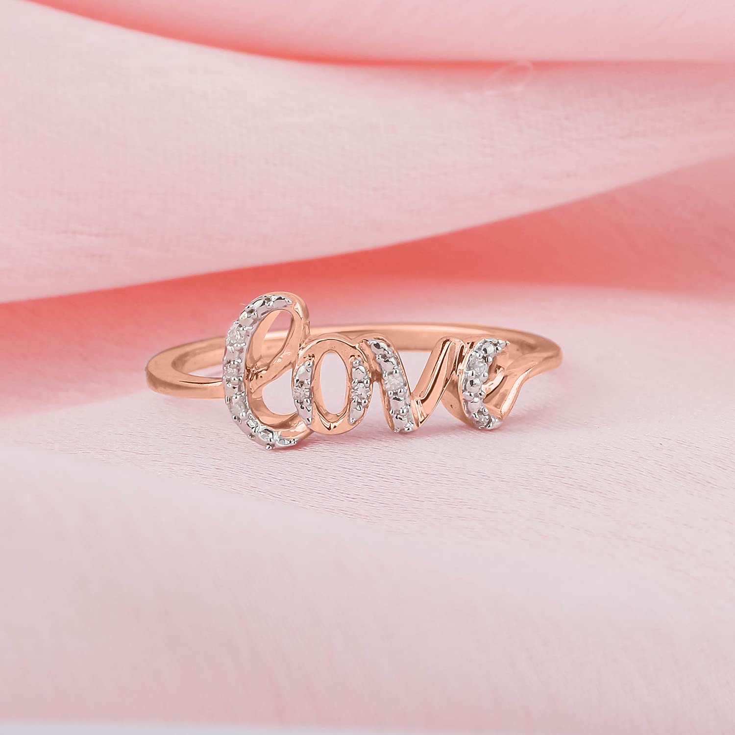 18K Gold Plated or 925 Sterling Silver Women's Love Ring with Diamond Accent - Elegant Cursive Script Band for Anniversary, Valentine's Day & Wedding Gift (Rose Gold/Yellow Gold/Silver)