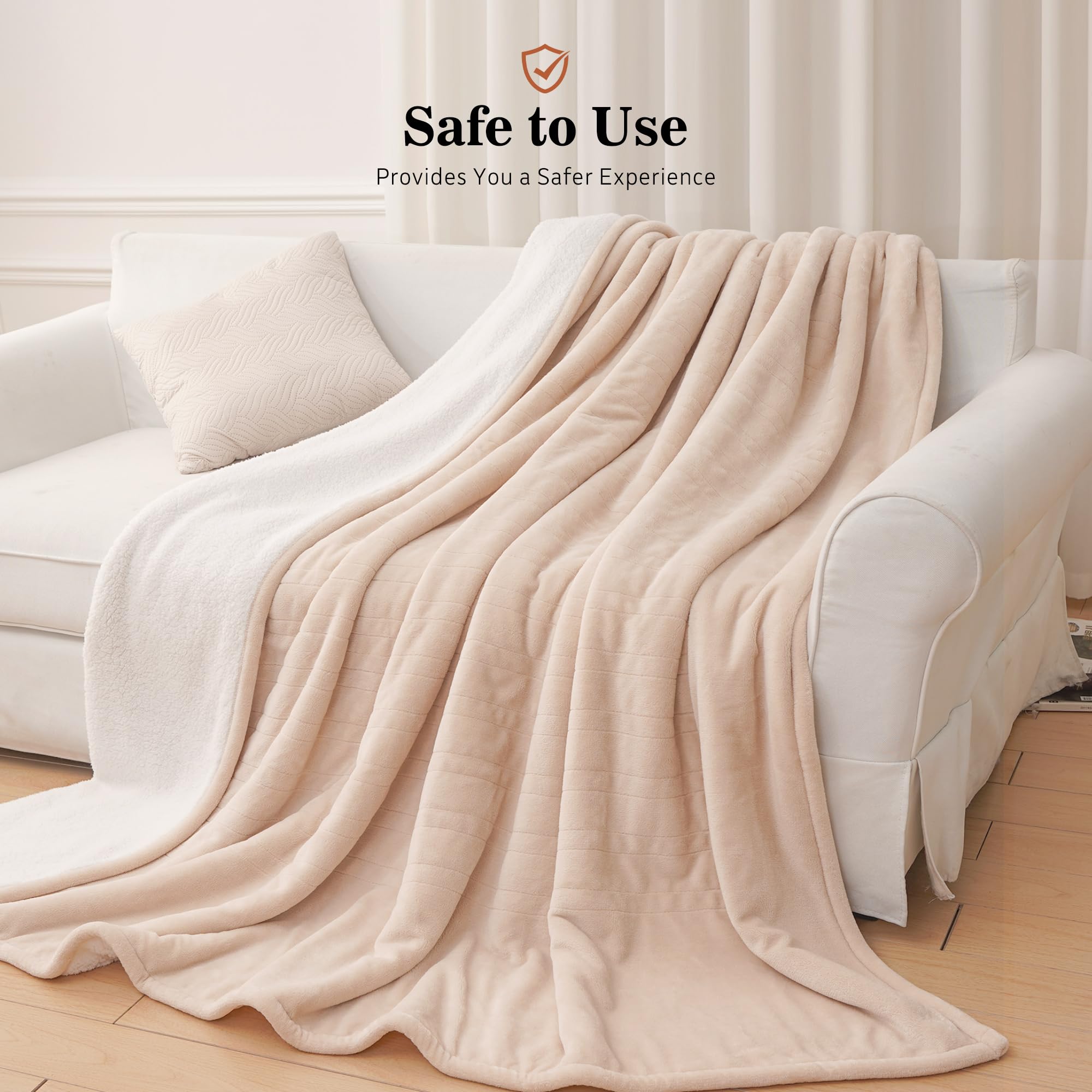Sealy Electric Heated Blanket Queen Size 84x90 Inch - Flannel & Sherpa Dual-Sided Heating Blanket with 10 Adjustable Heat Settings, 1-12 Hour Auto Shut Off, Fast Warming, Machine Washable, Beige | Perfect for Cold Winter Nights, Bedroom Comfort, and Cozy Gift Giving