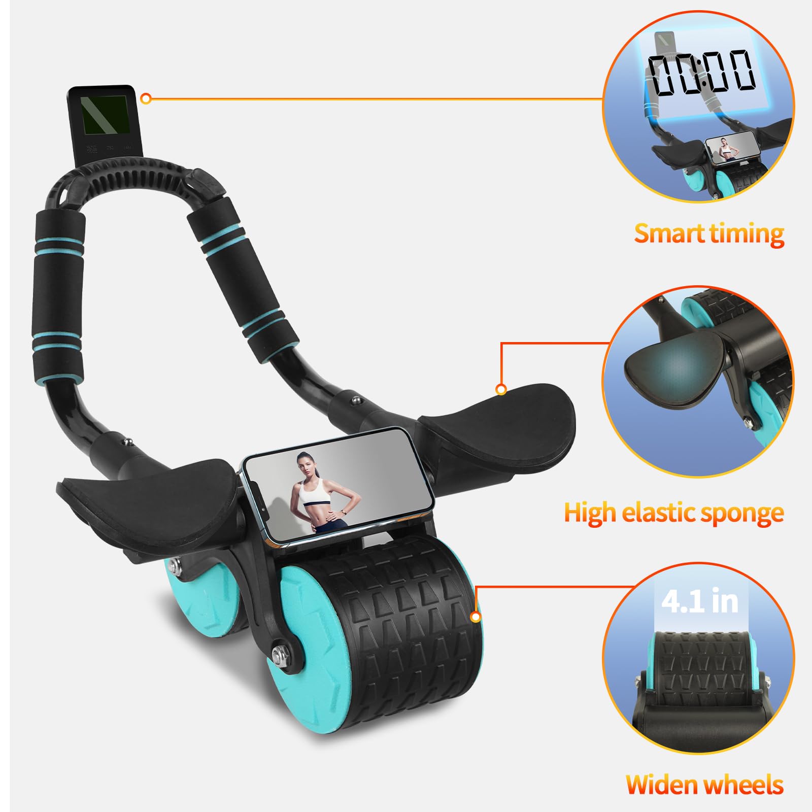 Ab Roller Wheel with Timer & Auto Rebound - Core Exercise Equipment for Abs Workout with Elbow Support | Home Gym Fitness Gear for Strength Training & Toning